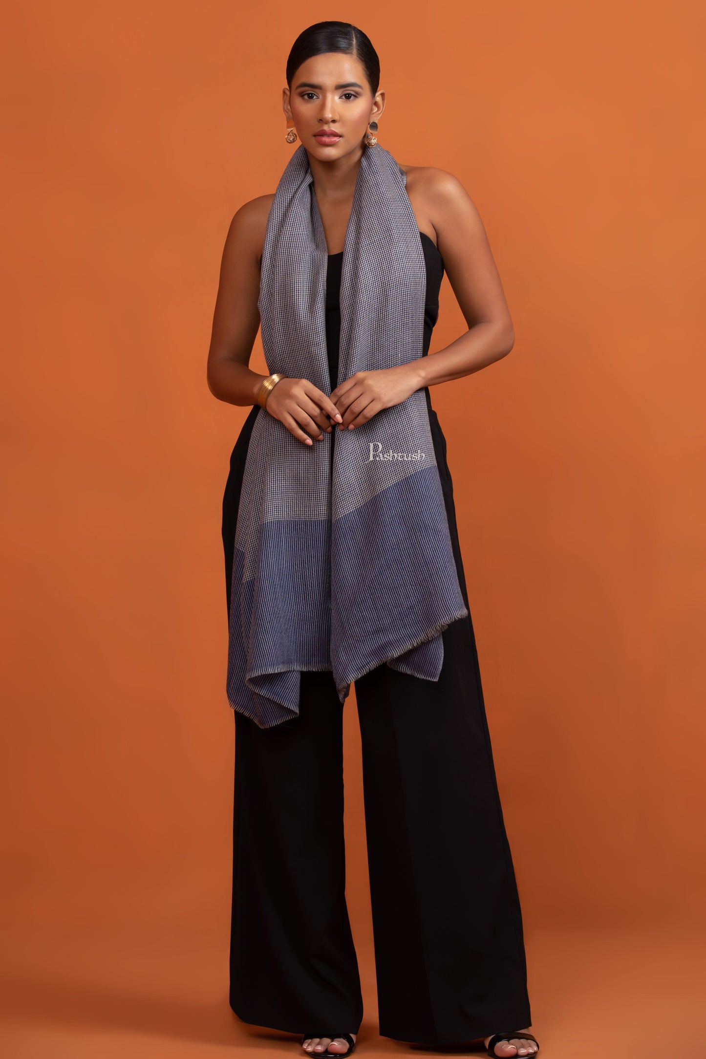 Pashtush India womens scarf and Stoles Pashtush Womens Extra Fine Wool Stole, Checkered Design, Grey