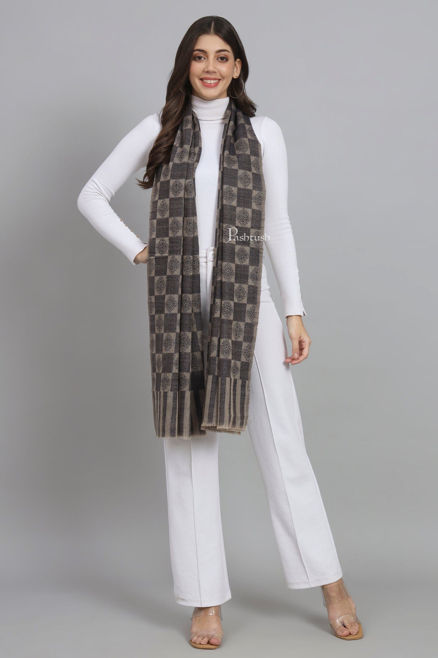 Pashtush India Womens Stoles and Scarves Scarf Pashtush Womens Extra Fine Wool Stole, Checkered Design, Navy Blue