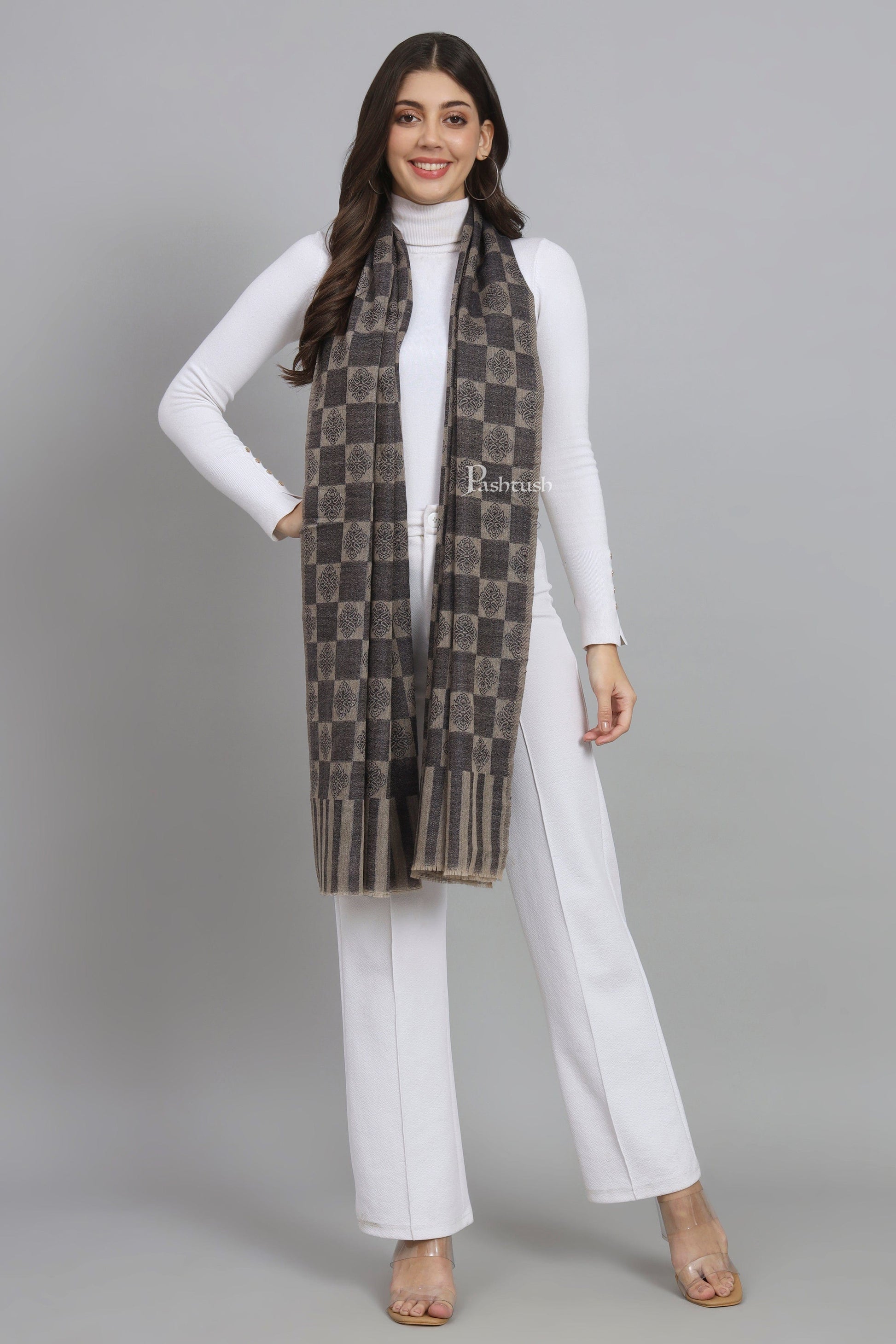 Pashtush India Womens Stoles and Scarves Scarf Pashtush Womens Extra Fine Wool Stole, Checkered Design, Navy Blue