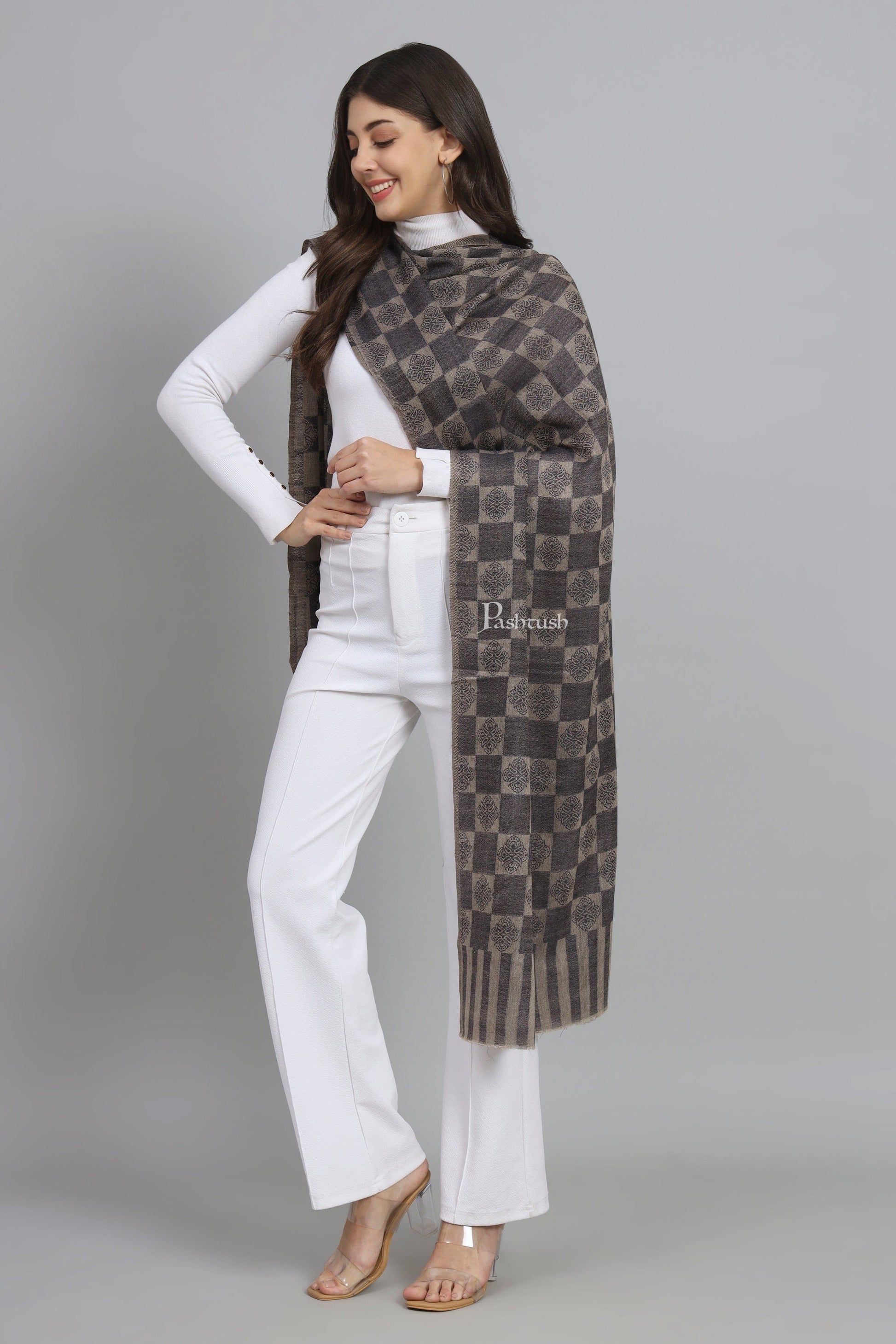 Pashtush India Womens Stoles and Scarves Scarf Pashtush Womens Extra Fine Wool Stole, Checkered Design, Navy Blue