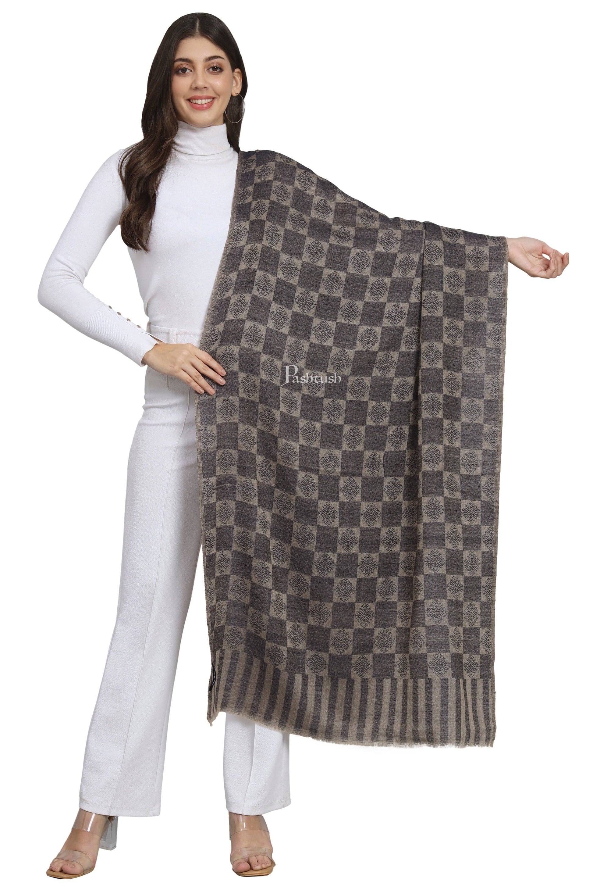 Pashtush India Womens Stoles and Scarves Scarf Pashtush Womens Extra Fine Wool Stole, Checkered Design, Navy Blue
