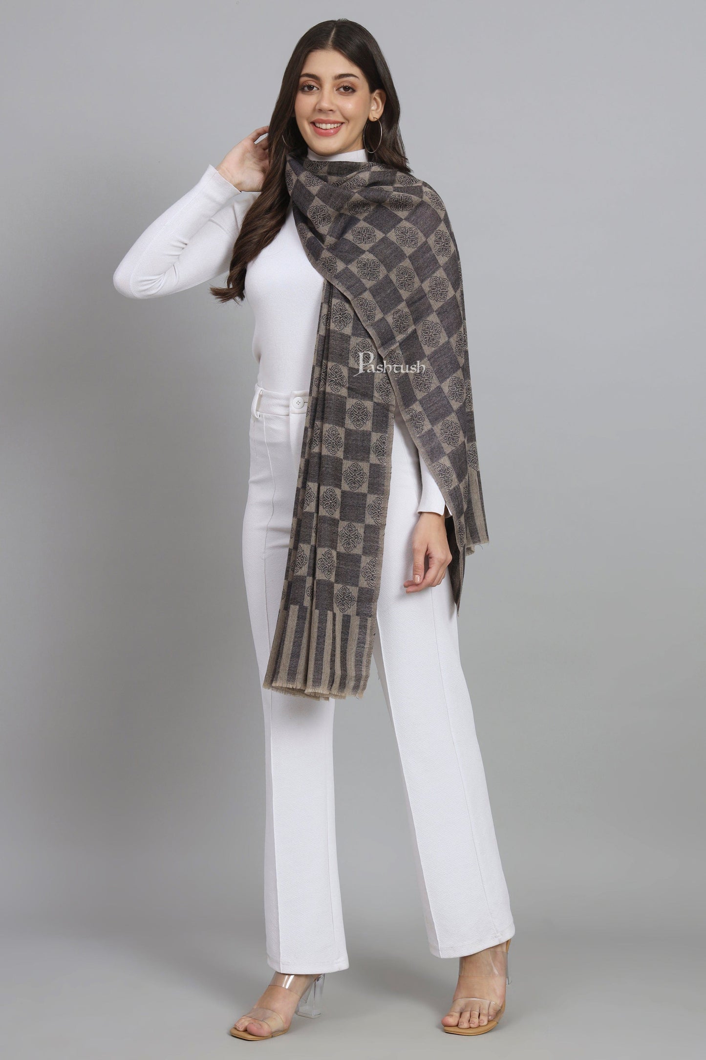 Pashtush India Womens Stoles and Scarves Scarf Pashtush Womens Extra Fine Wool Stole, Checkered Design, Navy Blue
