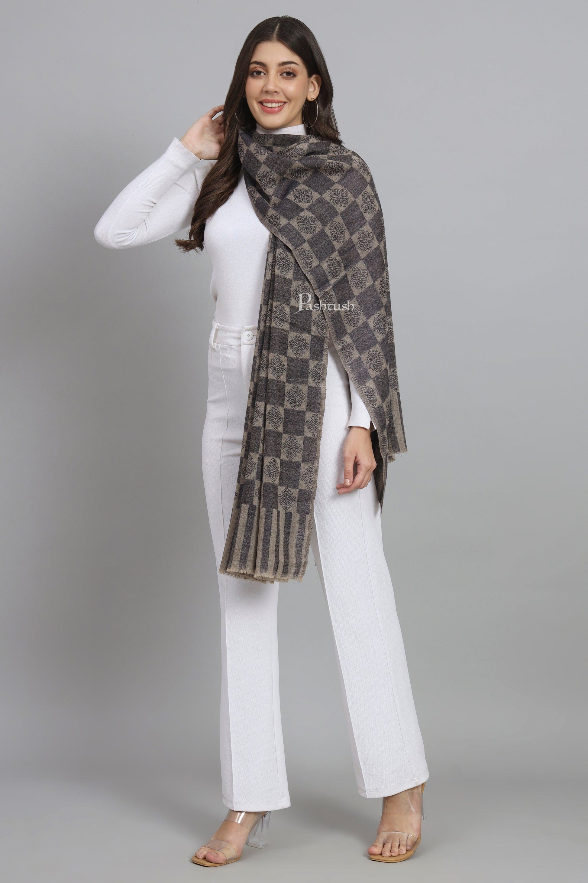 Pashtush India Womens Stoles and Scarves Scarf Pashtush Womens Extra Fine Wool Stole, Checkered Design, Navy Blue