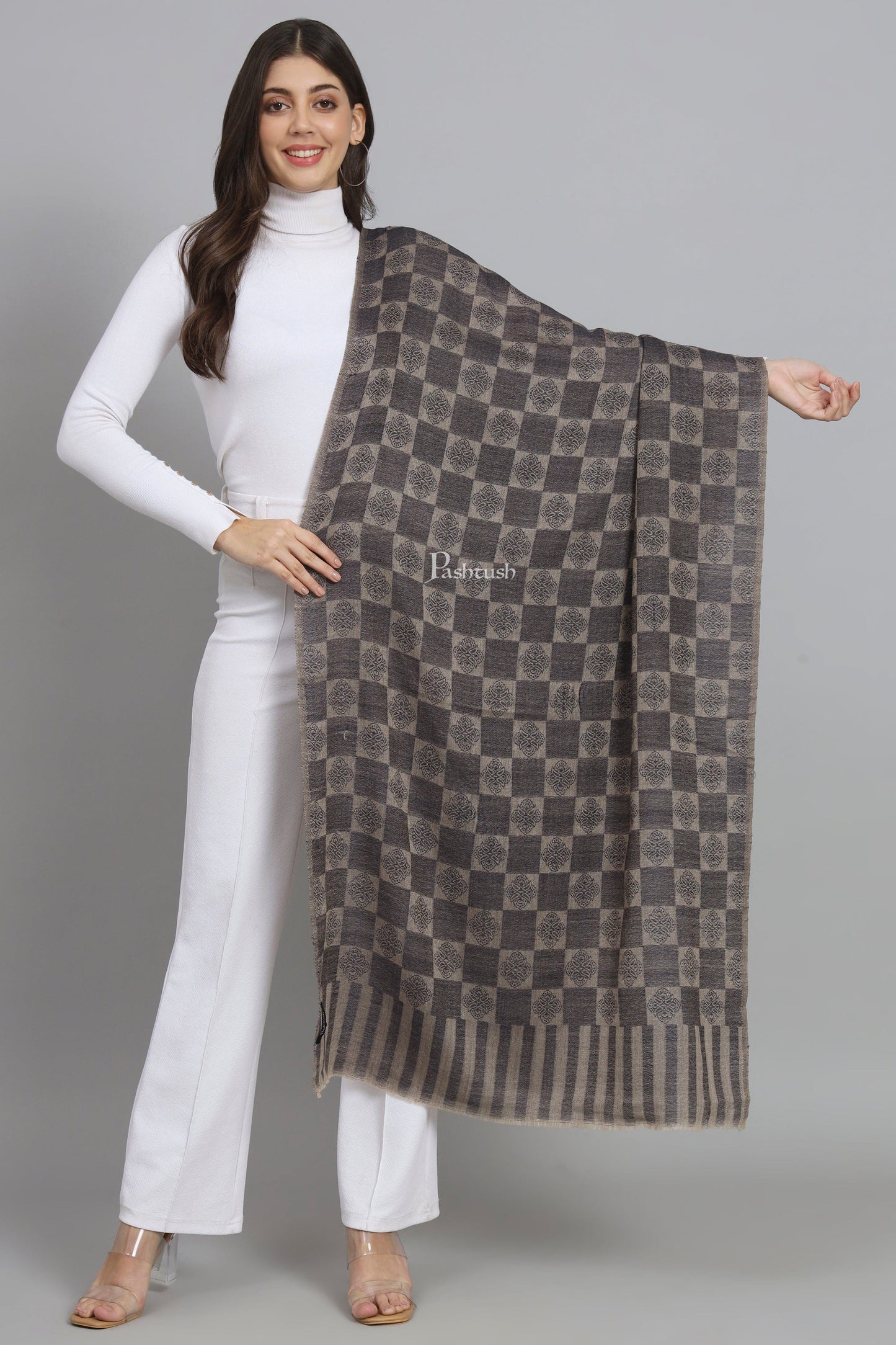 Pashtush India Womens Stoles and Scarves Scarf Pashtush Womens Extra Fine Wool Stole, Checkered Design, Navy Blue