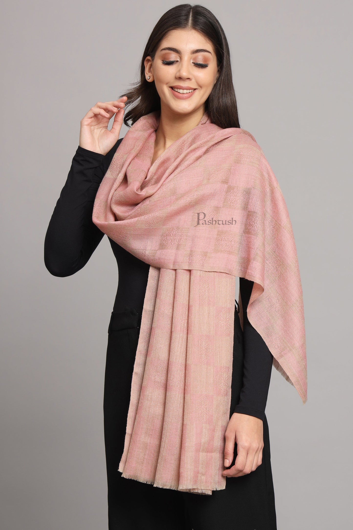 Pashtush India Womens Stoles and Scarves Scarf Pashtush Womens Extra Fine Wool Stole, Checkered Design, Pink