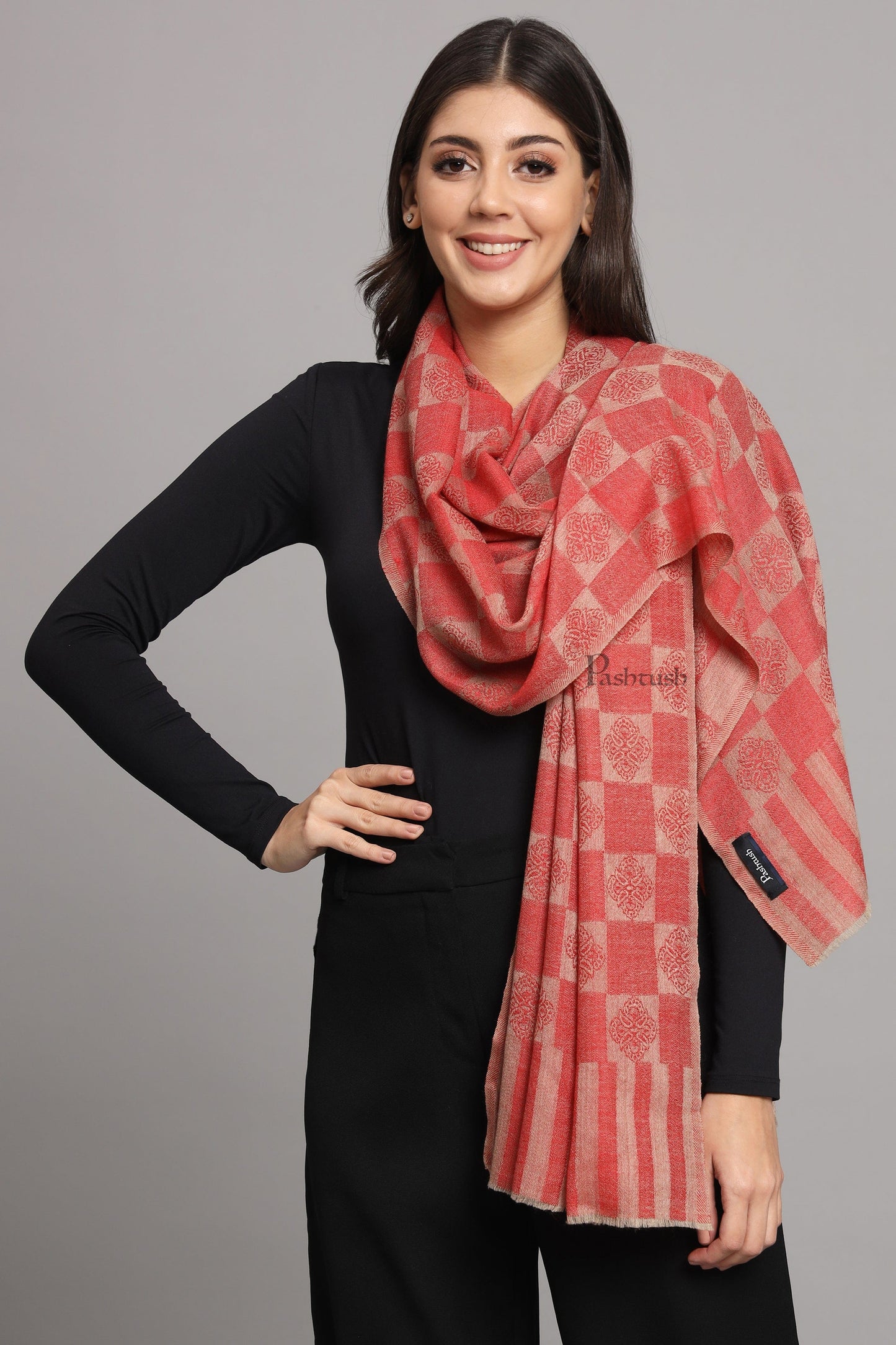 Pashtush India Womens Stoles and Scarves Scarf Pashtush Womens Extra Fine Wool Stole, Checkered Design, Red