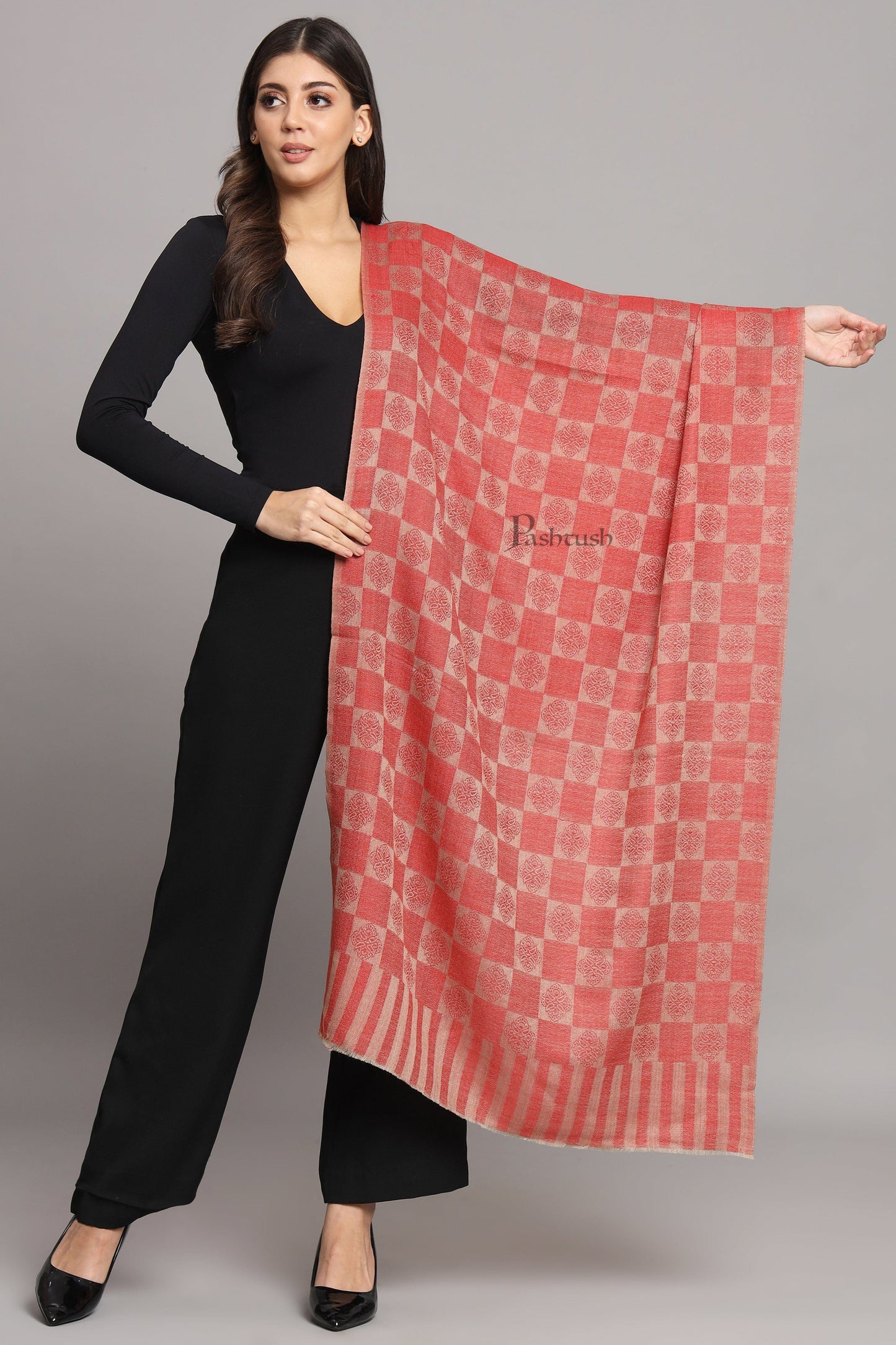 Pashtush India Womens Stoles and Scarves Scarf Pashtush Womens Extra Fine Wool Stole, Checkered Design, Red