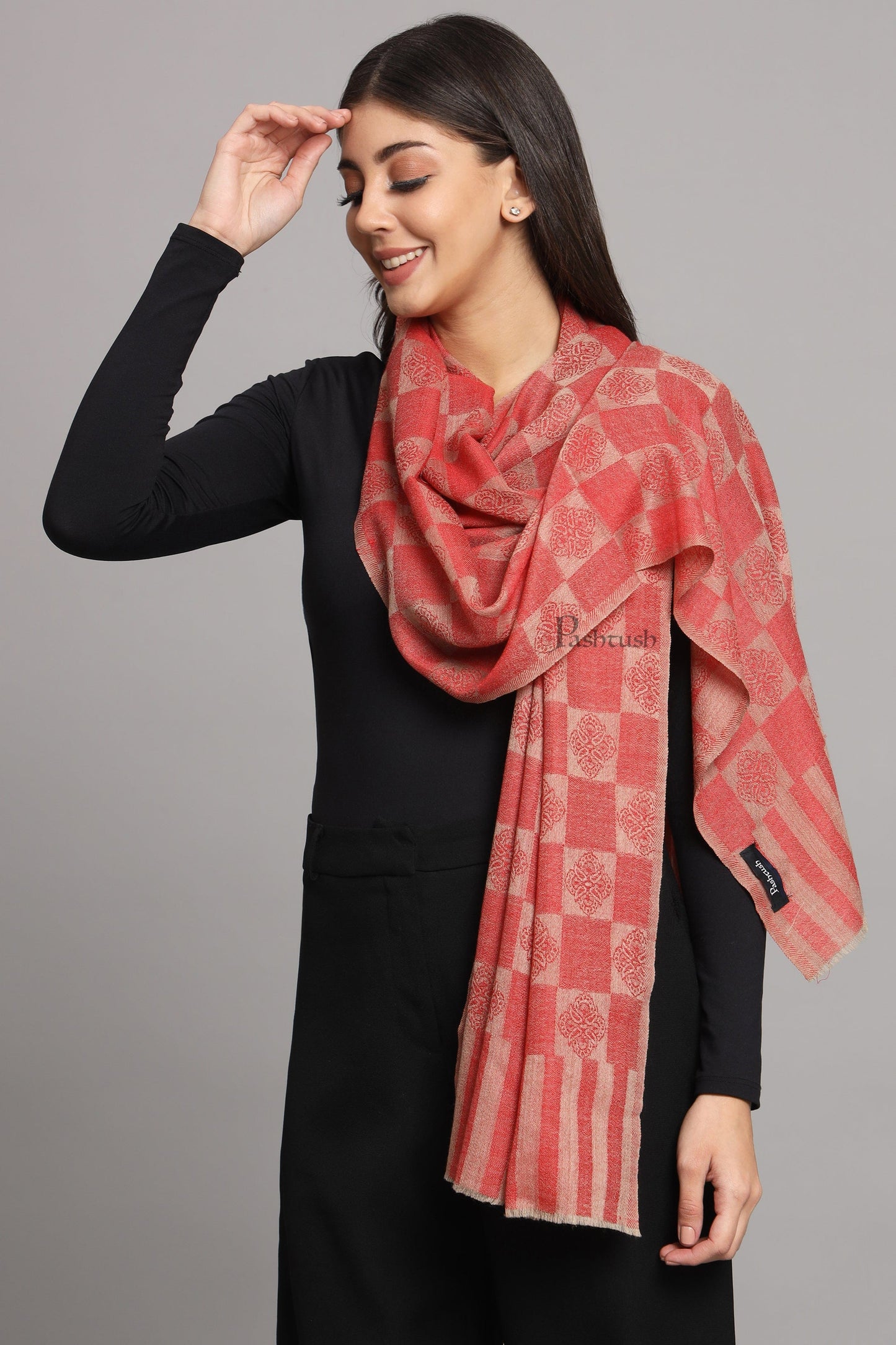 Pashtush India Womens Stoles and Scarves Scarf Pashtush Womens Extra Fine Wool Stole, Checkered Design, Red