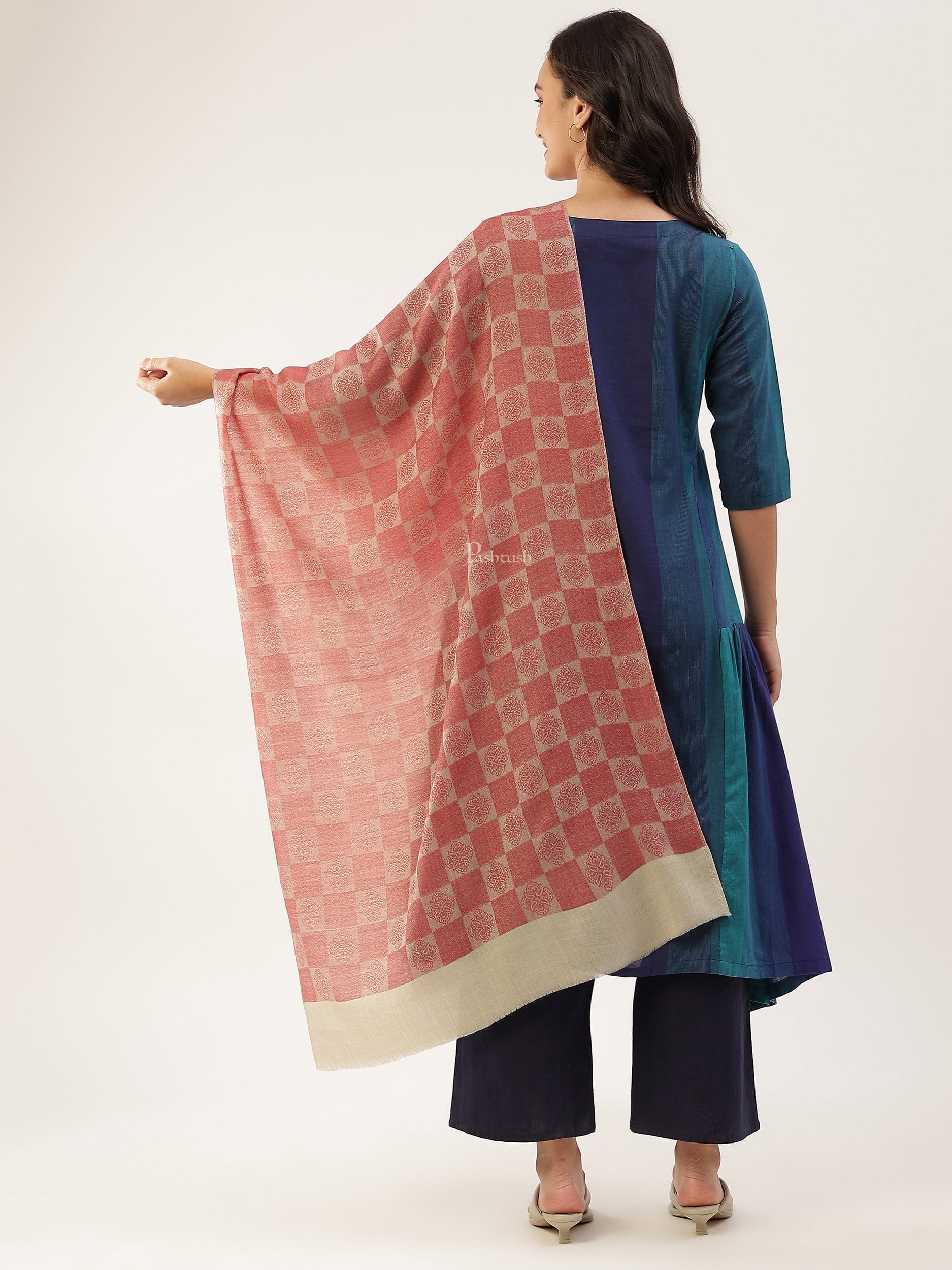 Pashtush India Womens Stoles and Scarves Scarf Pashtush Womens Extra Fine Wool stole, checkered design, Rose