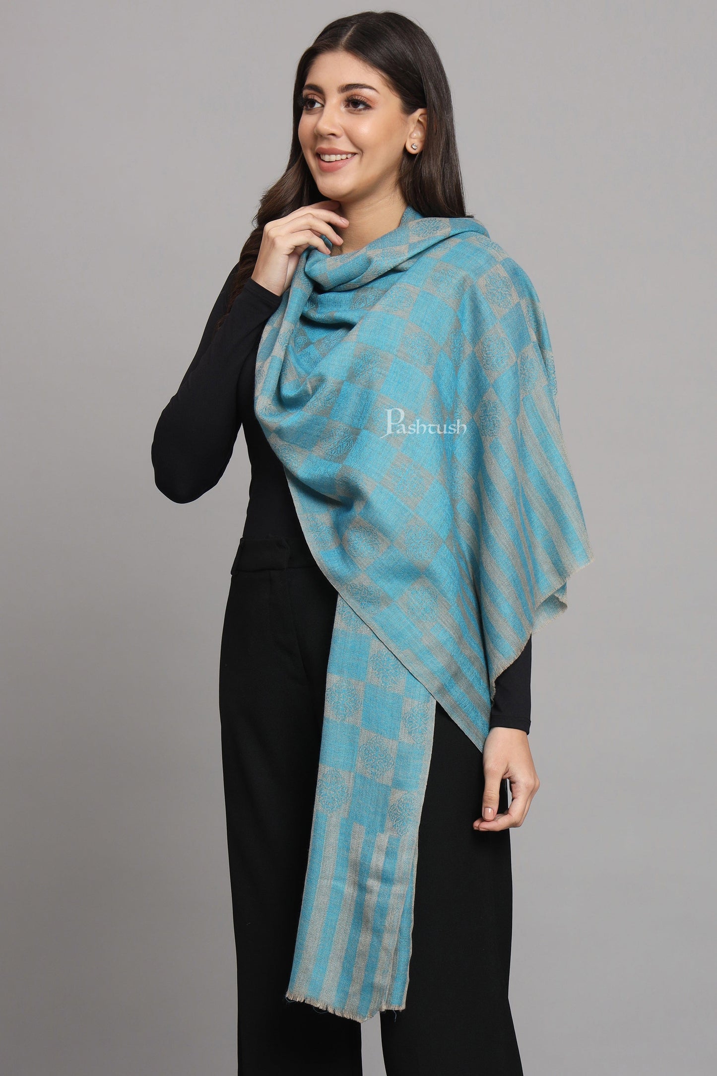 Pashtush India Womens Stoles and Scarves Scarf Pashtush Womens Extra Fine Wool Stole, Checkered Design, Sky Blue