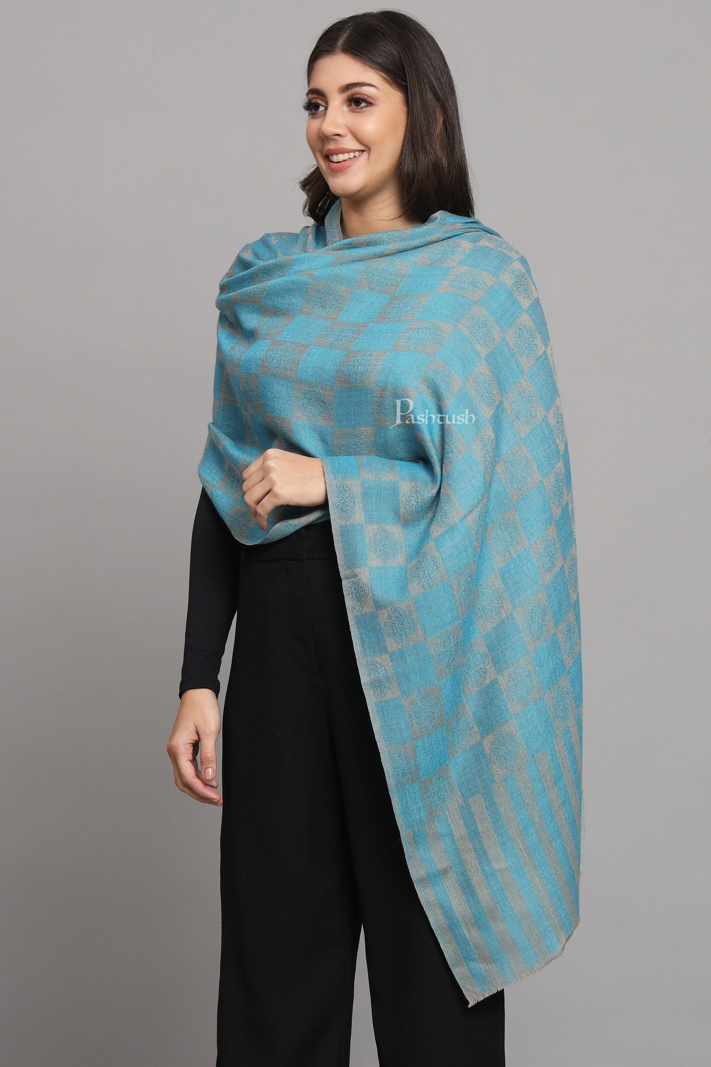 Pashtush India Womens Stoles and Scarves Scarf Pashtush Womens Extra Fine Wool Stole, Checkered Design, Sky Blue