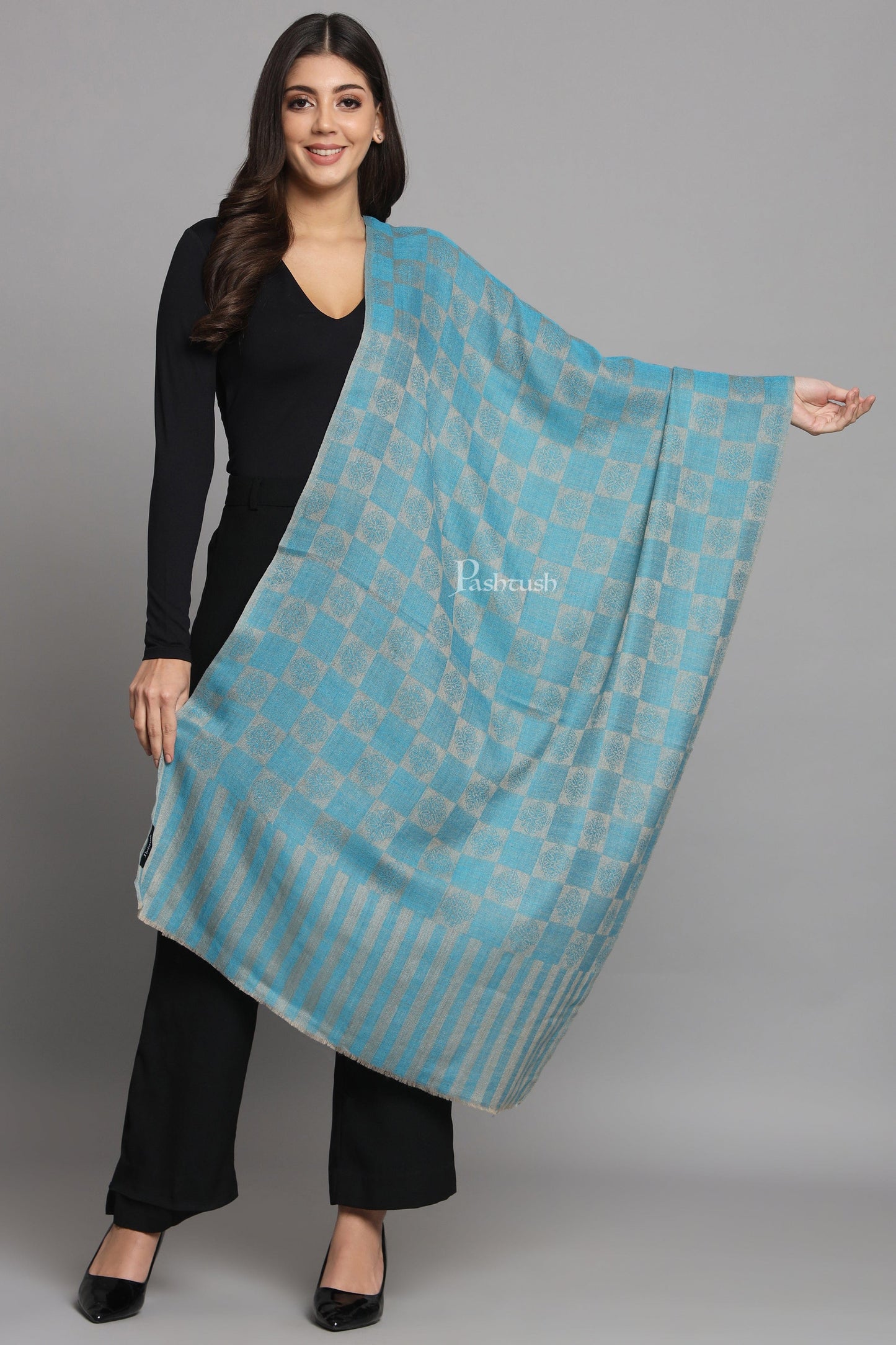 Pashtush India Womens Stoles and Scarves Scarf Pashtush Womens Extra Fine Wool Stole, Checkered Design, Sky Blue