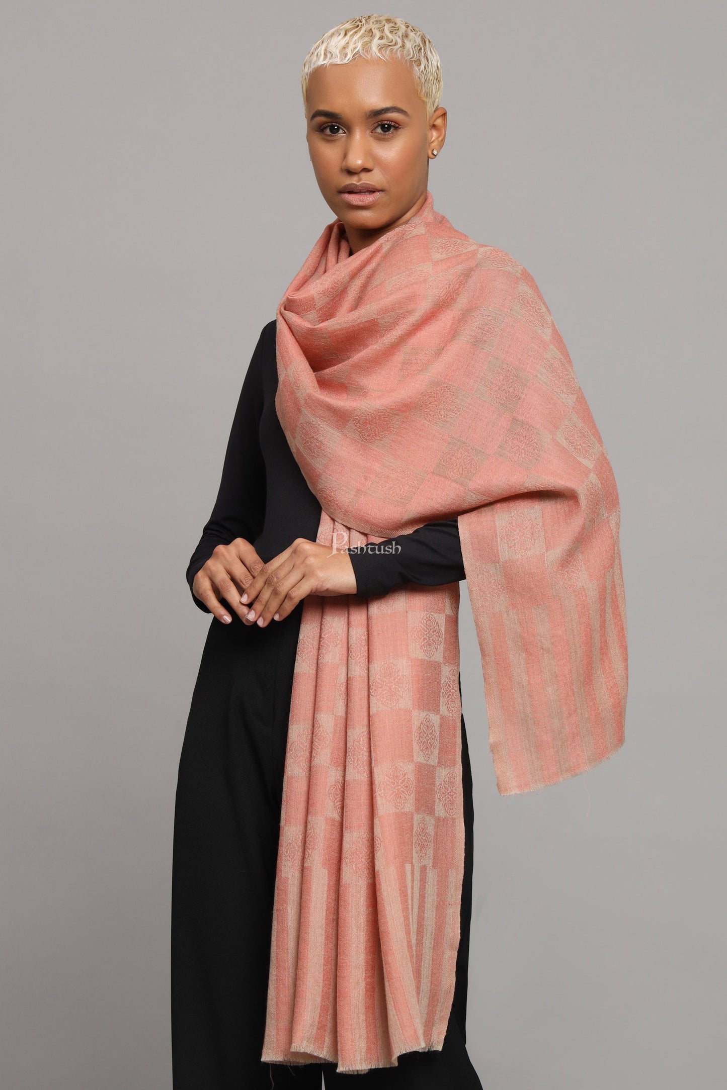 Pashtush India Womens Stoles Pashtush Womens Extra Fine Wool Stole, Checkered Weave Design, Pink