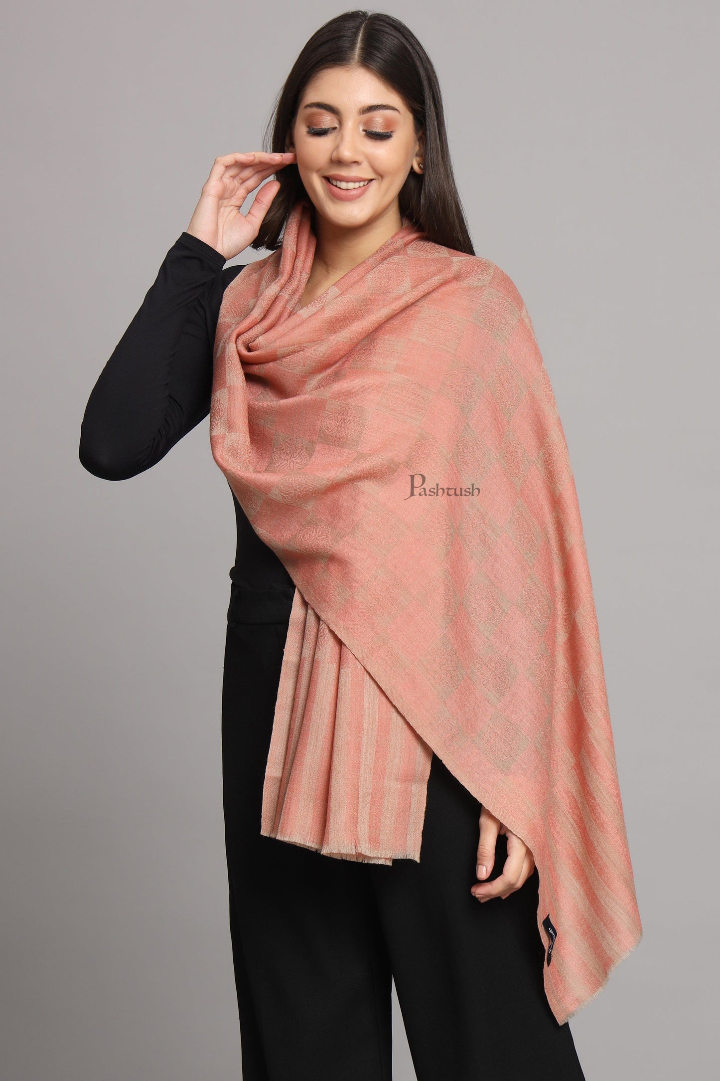 Pashtush India Womens Stoles Pashtush Womens Extra Fine Wool Stole, Checkered Weave Design, Rose
