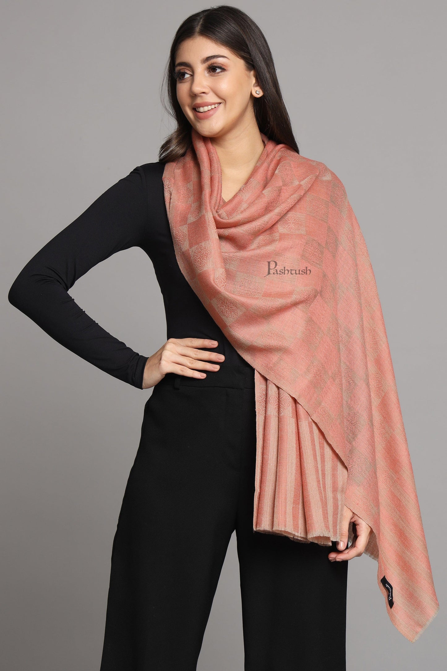 Pashtush India Womens Stoles Pashtush Womens Extra Fine Wool Stole, Checkered Weave Design, Rose