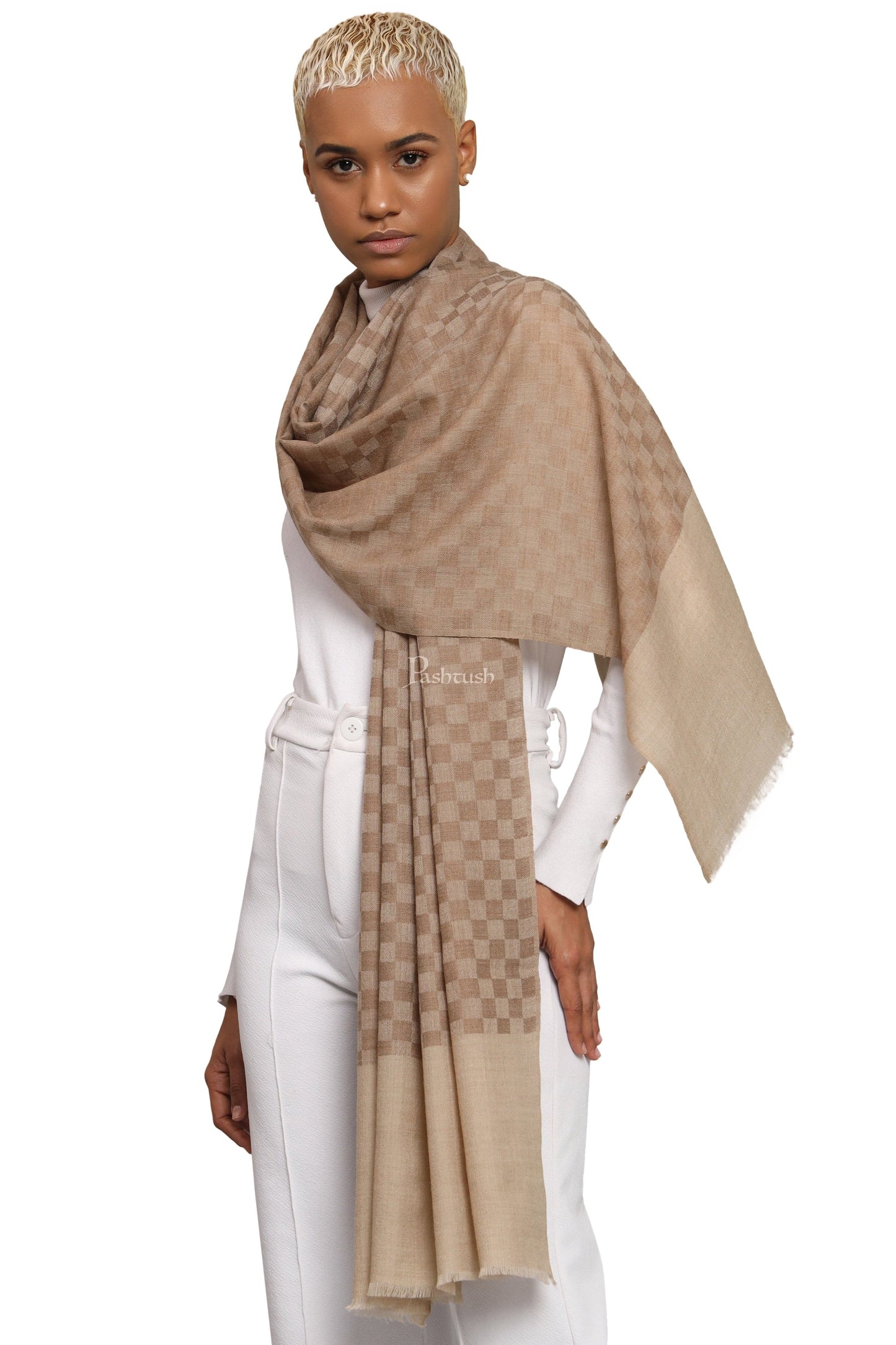 Pashtush India Womens Stoles Pashtush Womens Extra Fine Wool Stole, Checkered Weave Design, Taupe