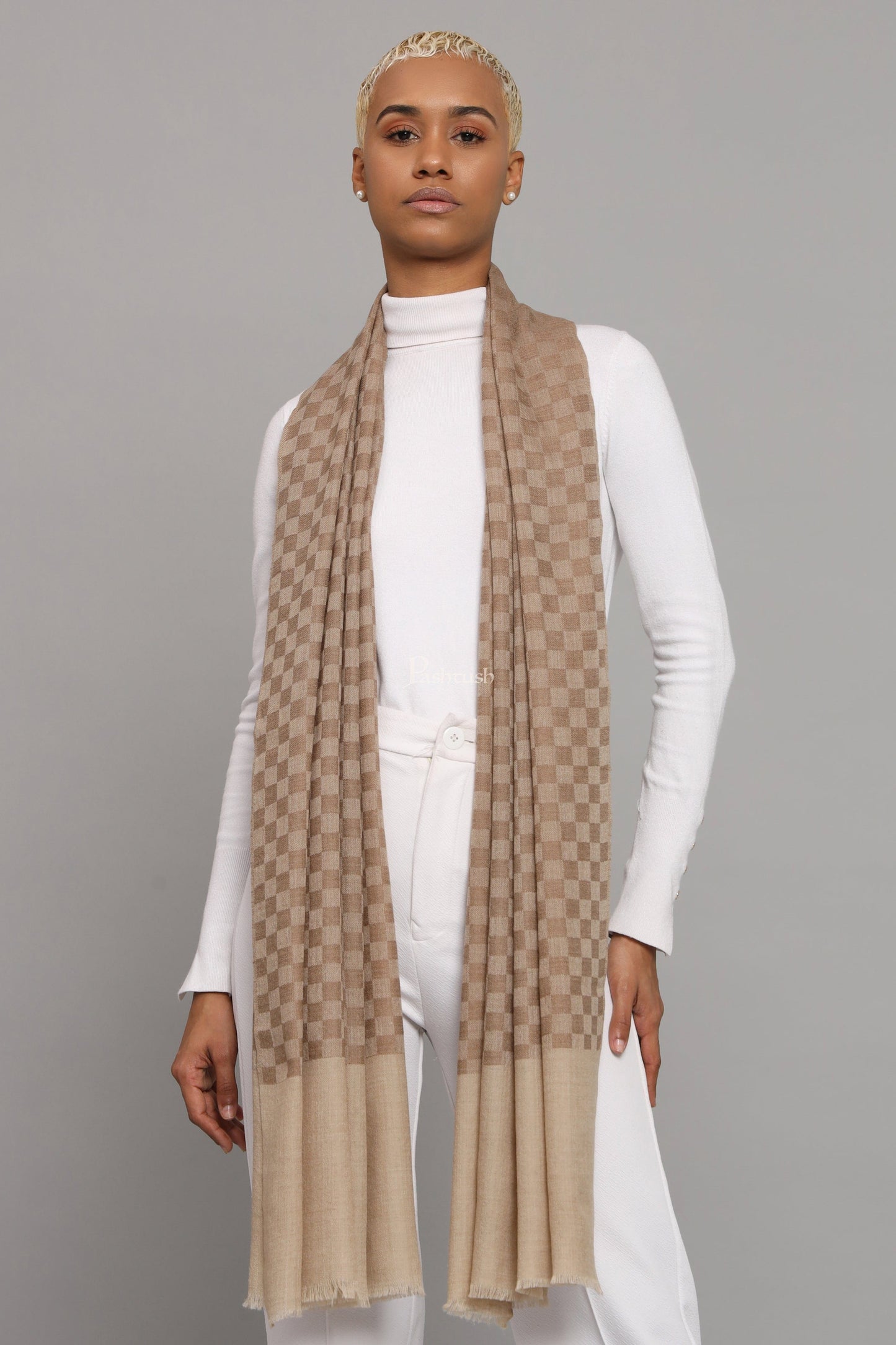 Pashtush India Womens Stoles Pashtush Womens Extra Fine Wool Stole, Checkered Weave Design, Taupe