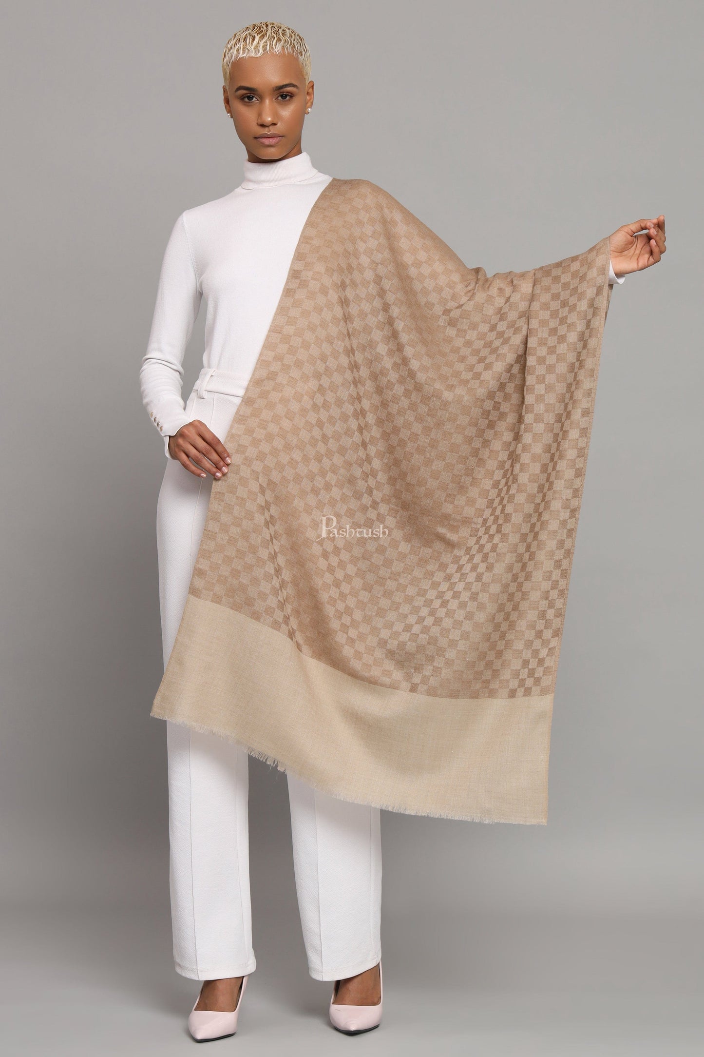 Pashtush India Womens Stoles Pashtush Womens Extra Fine Wool Stole, Checkered Weave Design, Taupe