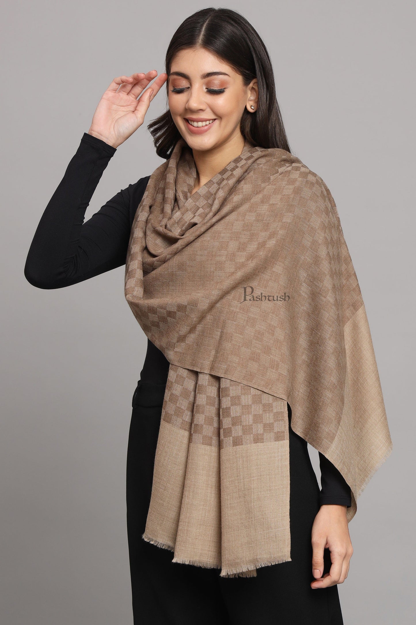 Pashtush India Womens Stoles Pashtush Womens Extra Fine Wool Stole, Checkered Weave Design, Taupe