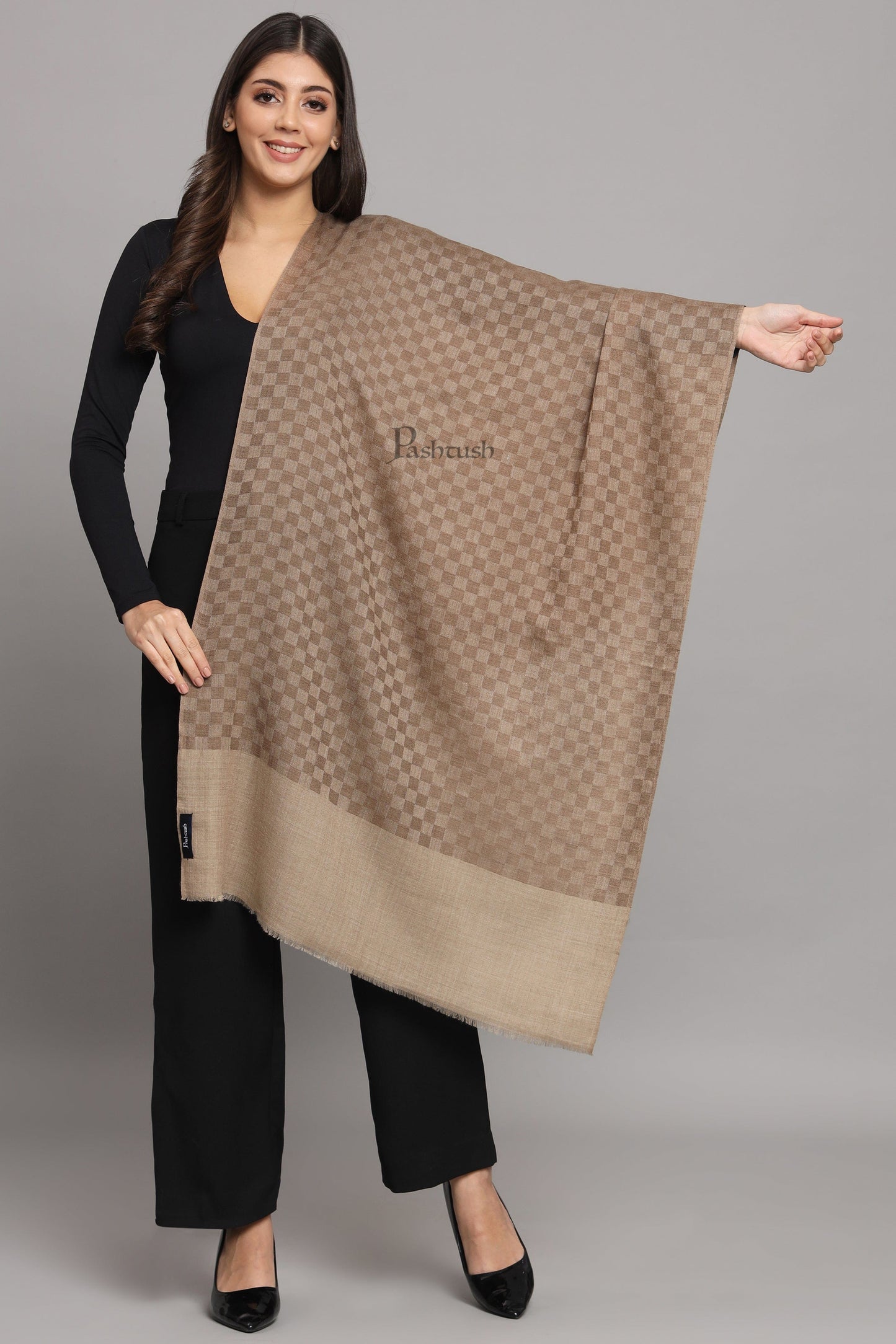 Pashtush India Womens Stoles Pashtush Womens Extra Fine Wool Stole, Checkered Weave Design, Taupe