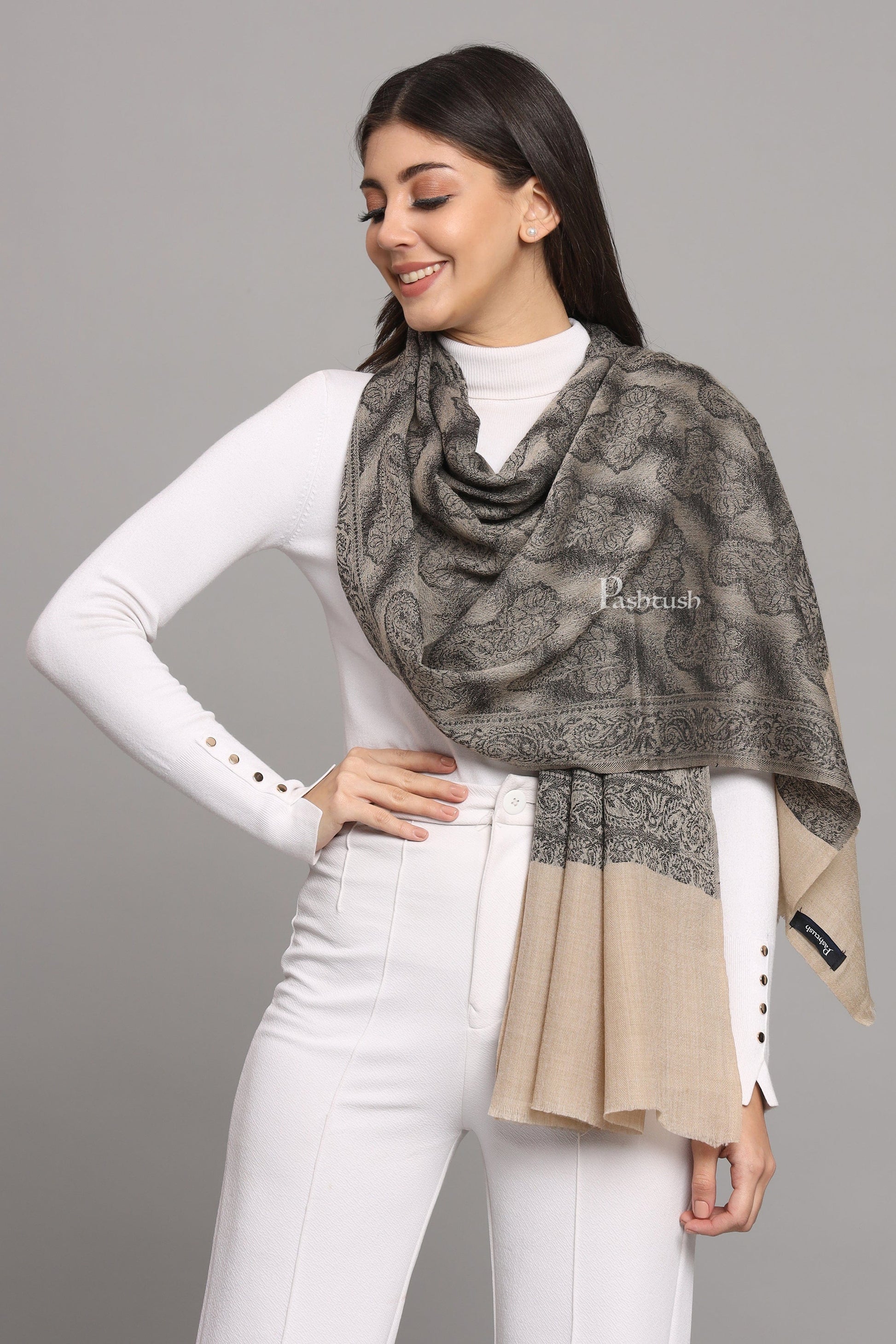 Pashtush India Womens Stoles and Scarves Scarf Pashtush Womens Extra Fine Wool Stole,  Design, Black
