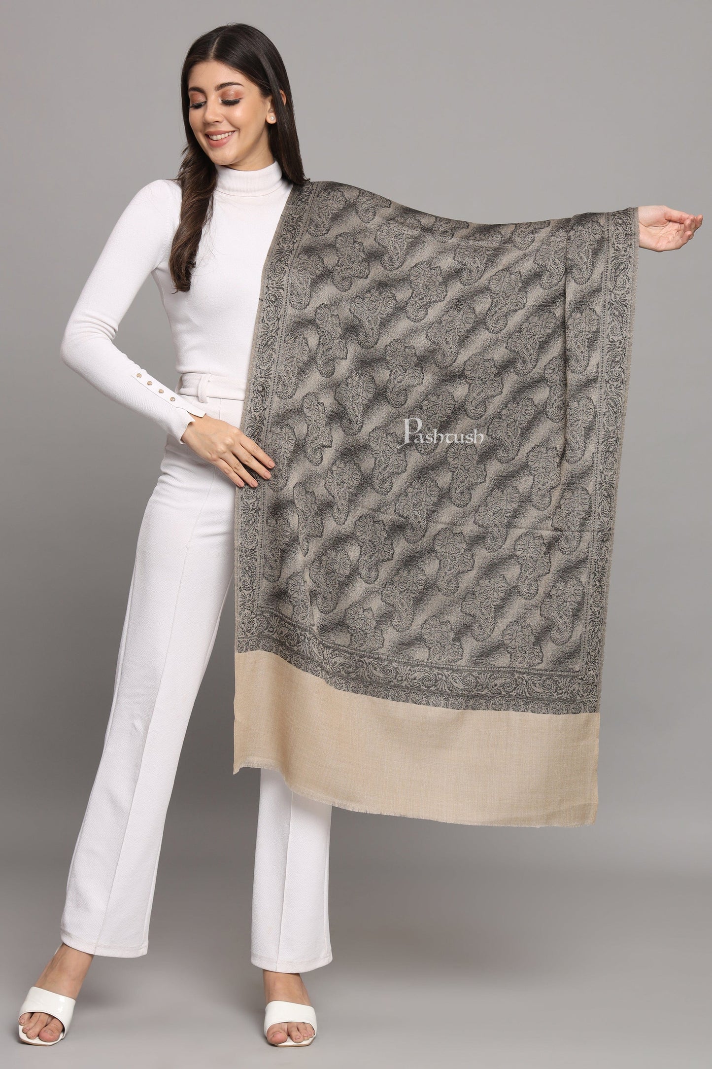 Pashtush India Womens Stoles and Scarves Scarf Pashtush Womens Extra Fine Wool Stole,  Design, Black