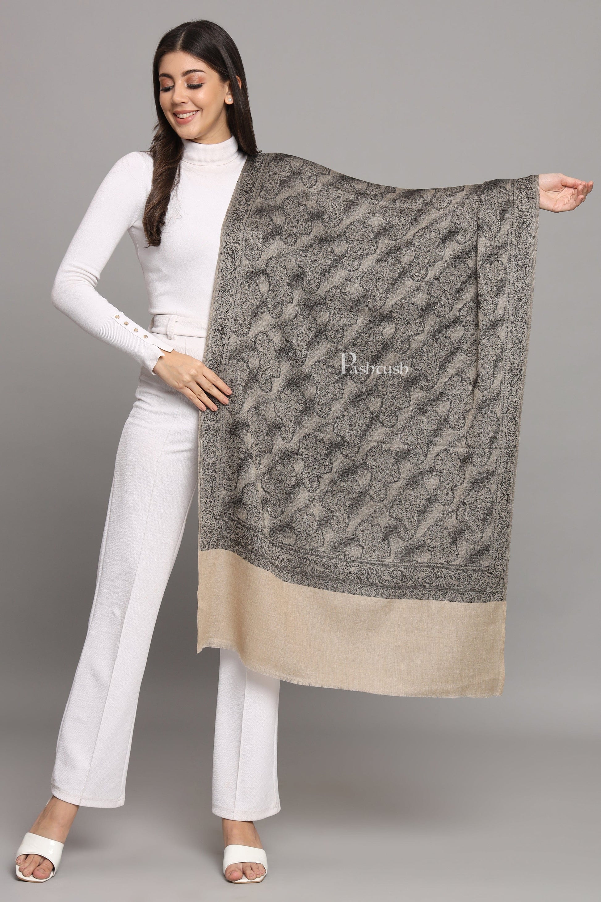 Pashtush India Womens Stoles and Scarves Scarf Pashtush Womens Extra Fine Wool Stole,  Design, Black