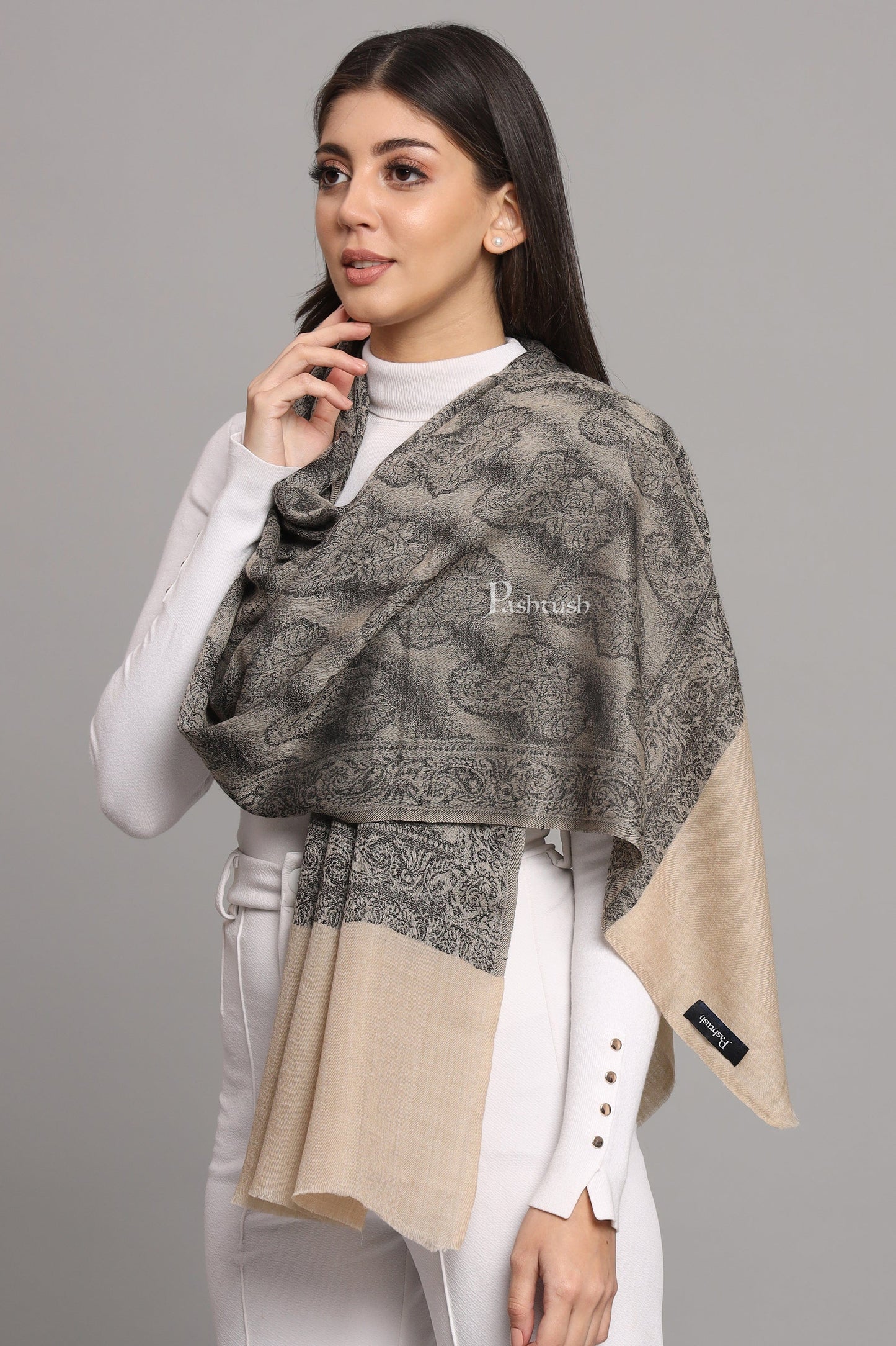 Pashtush India Womens Stoles and Scarves Scarf Pashtush Womens Extra Fine Wool Stole, Design, Black
