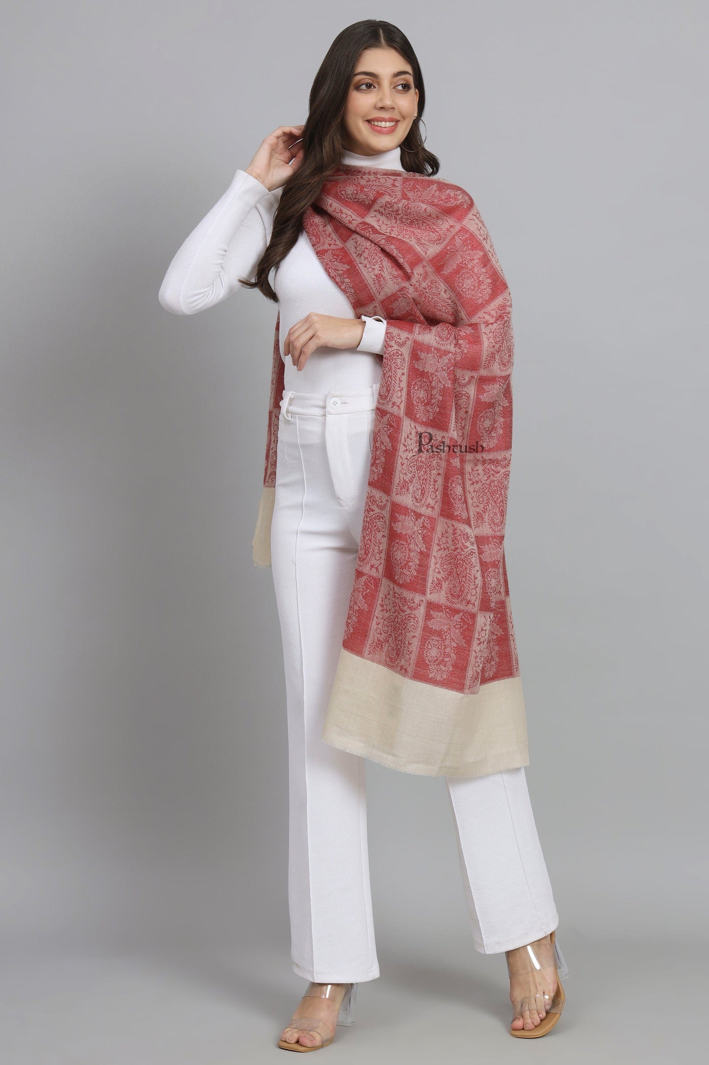 Pashtush India Womens Stoles and Scarves Scarf Pashtush Womens Extra Fine Wool Stole, Design, Maroon