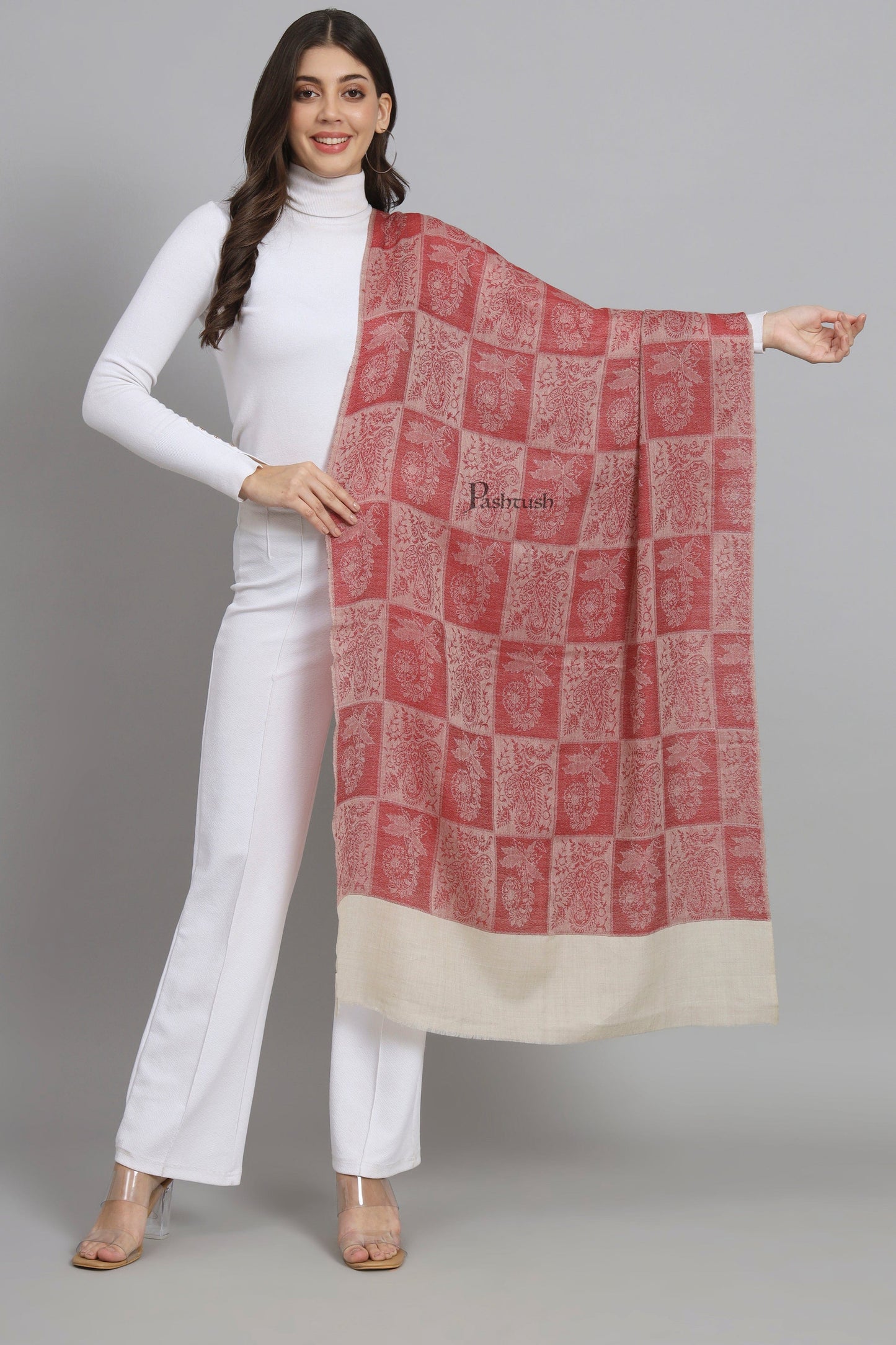 Pashtush India Womens Stoles and Scarves Scarf Pashtush Womens Extra Fine Wool Stole, Design, Maroon