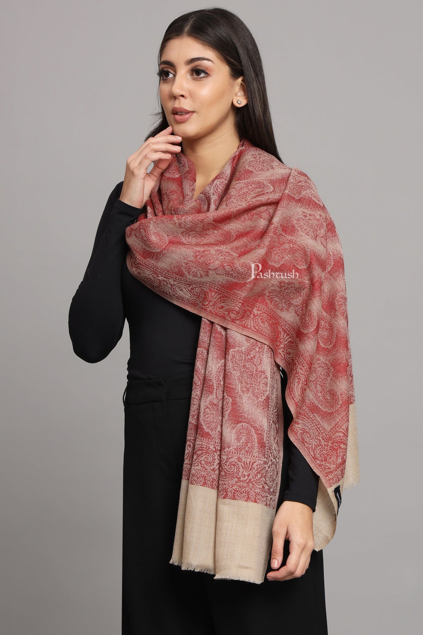 Pashtush India Womens Stoles and Scarves Scarf Pashtush Womens Extra Fine Wool Stole, Design, Maroon