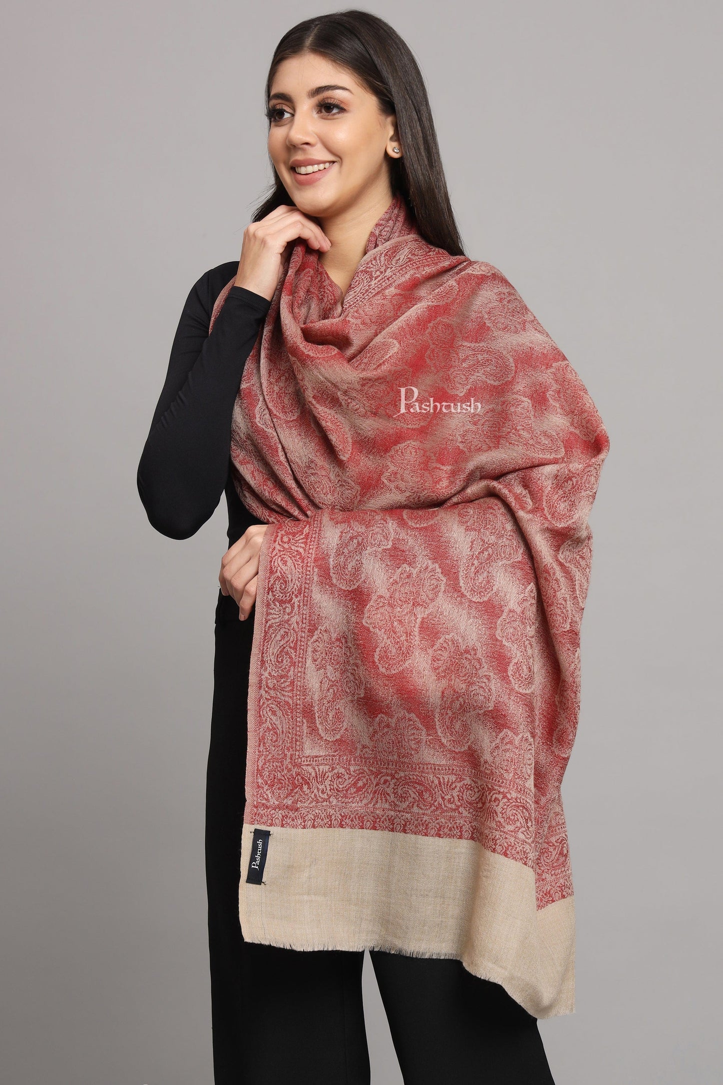 Pashtush India Womens Stoles and Scarves Scarf Pashtush Womens Extra Fine Wool Stole, Design, Maroon