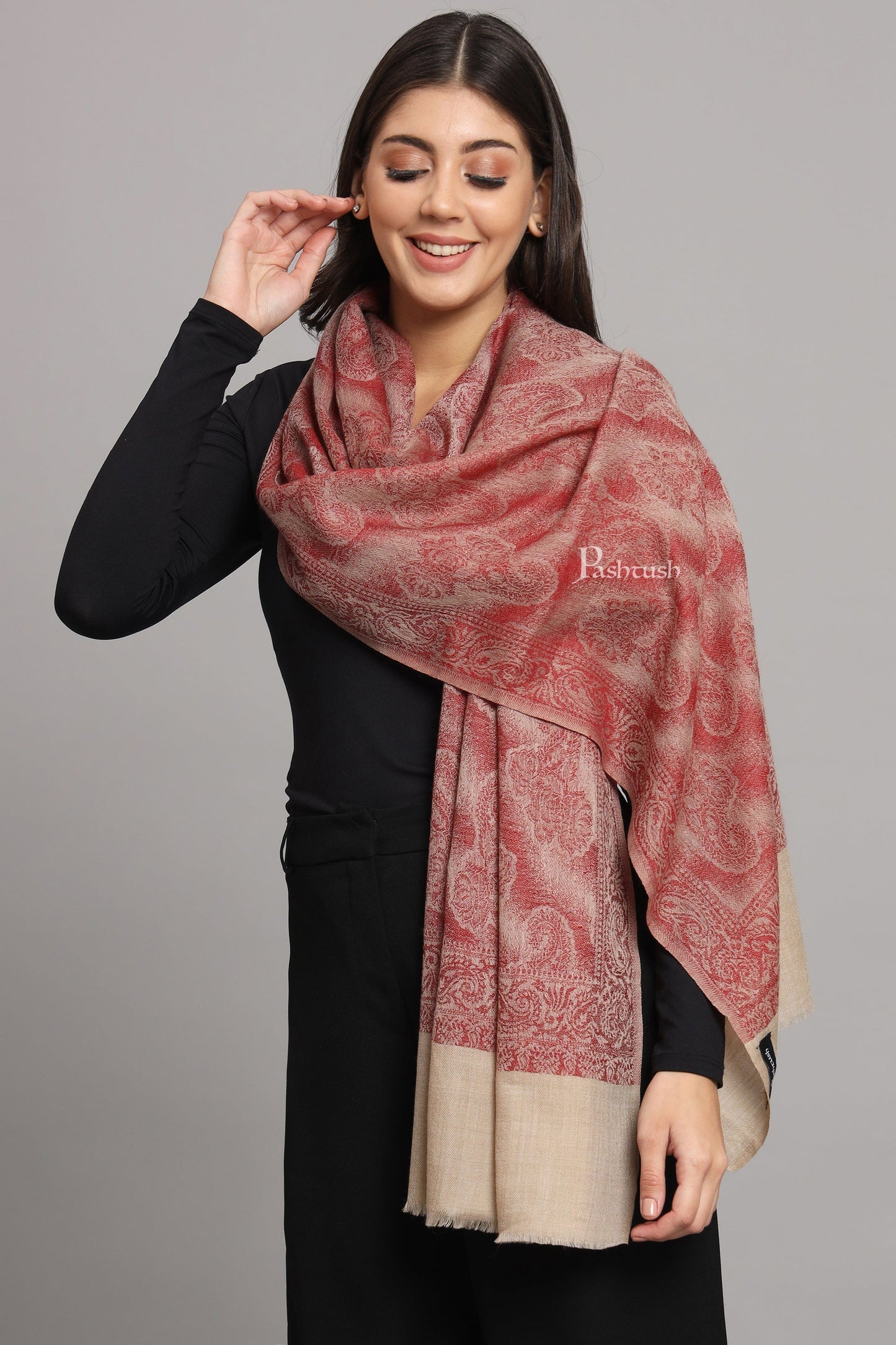 Pashtush India Womens Stoles and Scarves Scarf Pashtush Womens Extra Fine Wool Stole, Design, Maroon