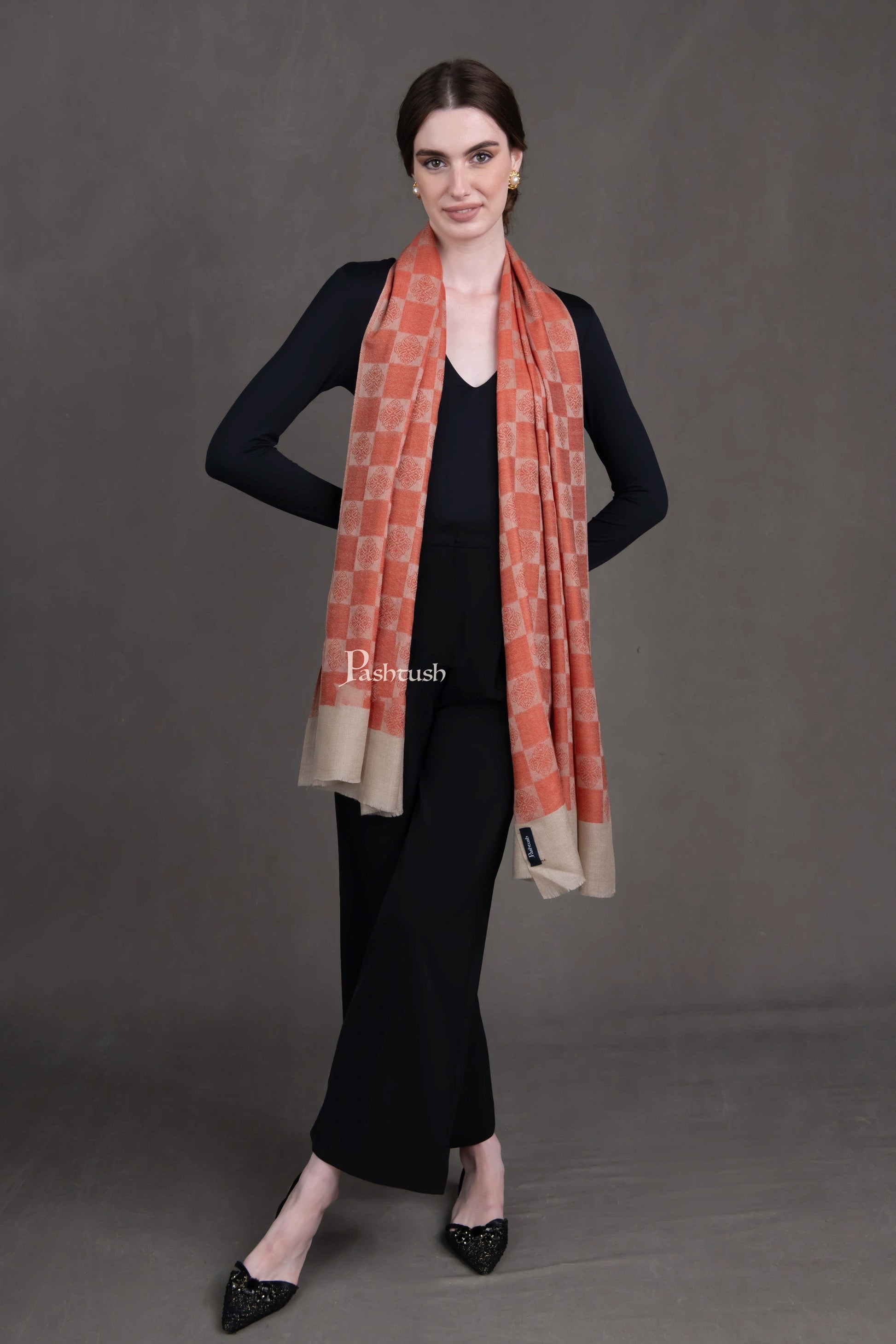 Pashtush India Womens Stoles and Scarves Scarf Pashtush Womens Extra Fine Wool Stole,  Design, Orange