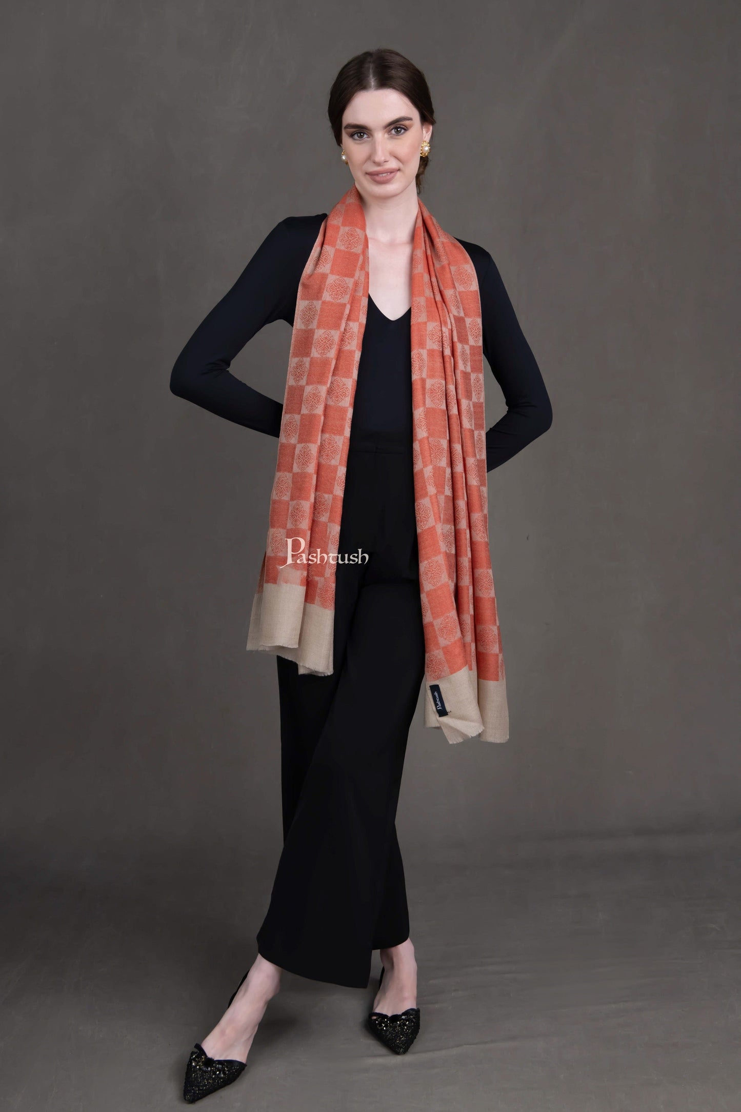 Pashtush India Womens Stoles and Scarves Scarf Pashtush Womens Extra Fine Wool Stole, Design, Orange