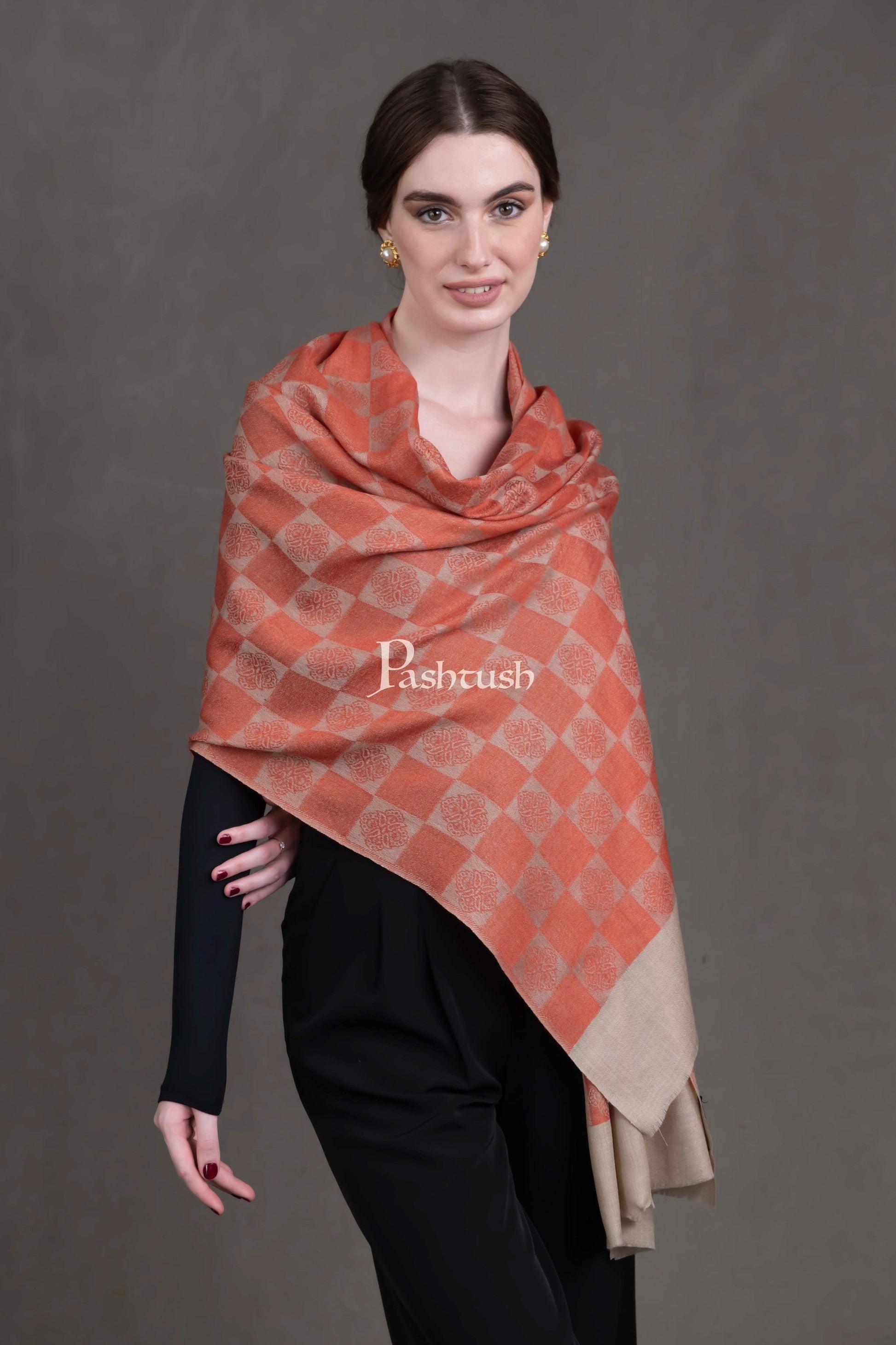 Pashtush India Womens Stoles and Scarves Scarf Pashtush Womens Extra Fine Wool Stole,  Design, Orange