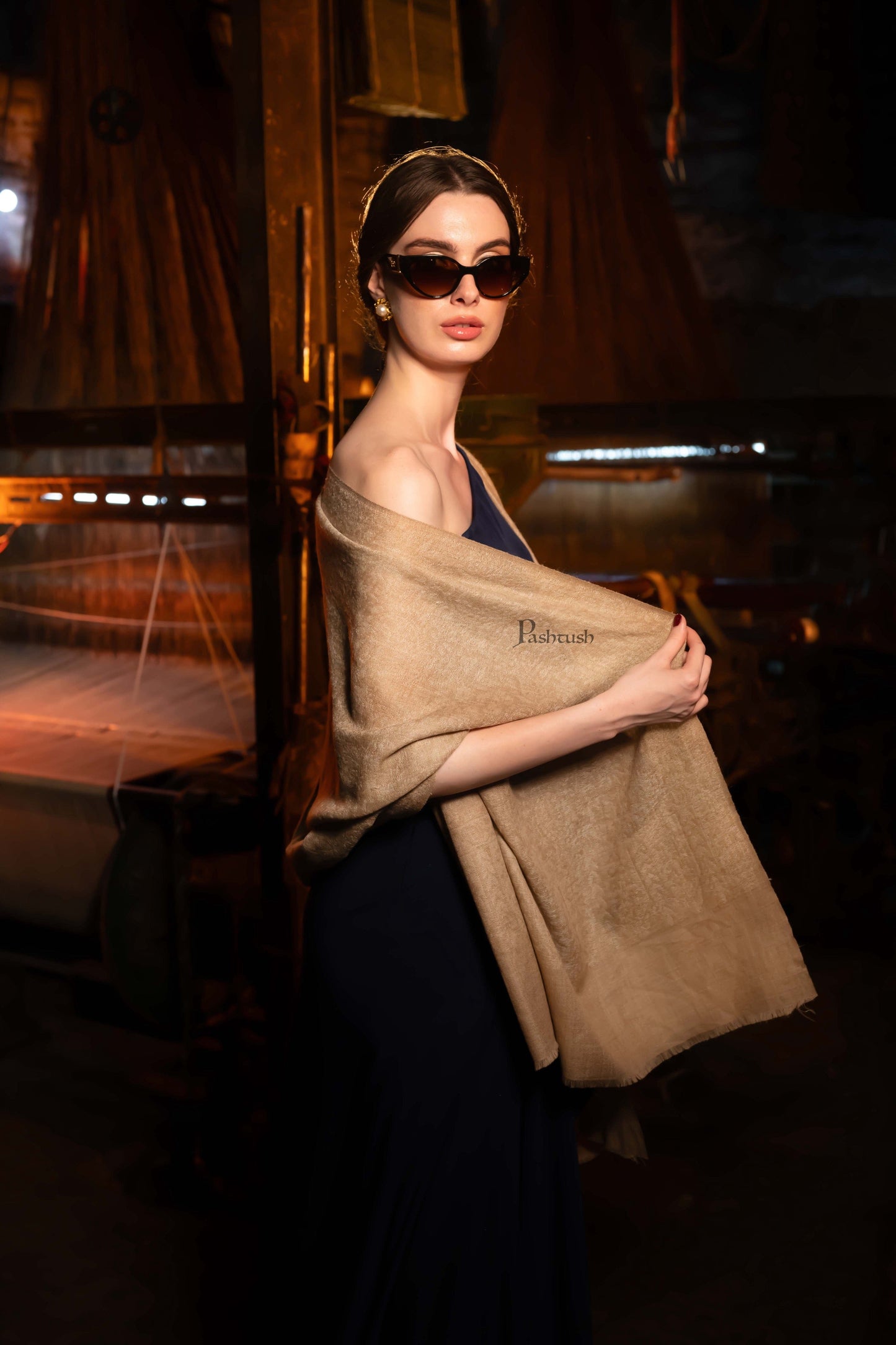 Pashtush India Womens Stoles and Scarves Scarf Pashtush Womens Extra Fine Wool Stole, Design, Taupe