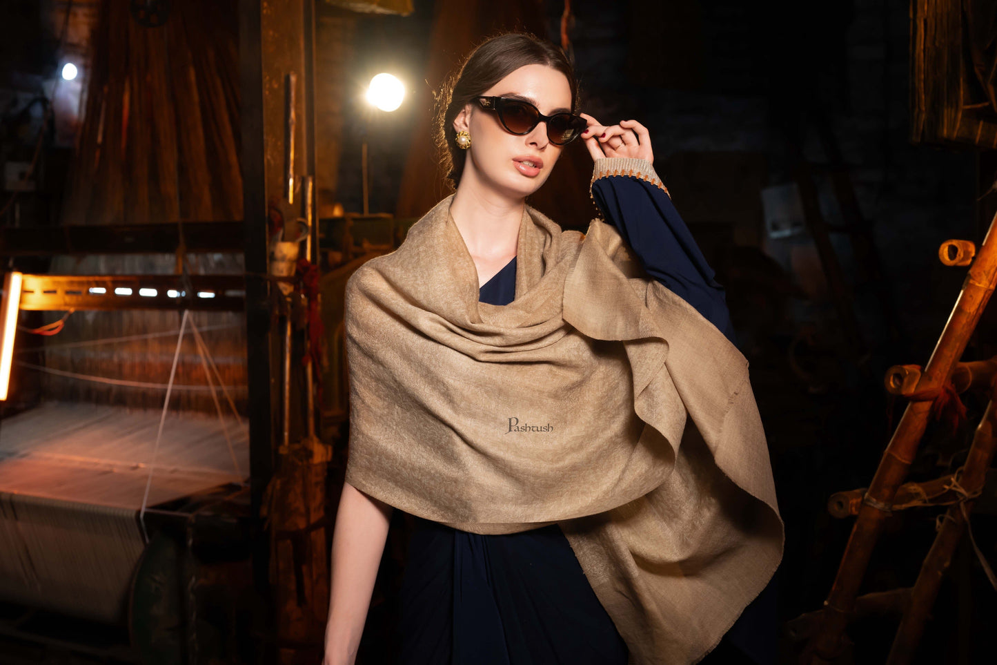 Pashtush India Womens Stoles and Scarves Scarf Pashtush Womens Extra Fine Wool Stole, Design, Taupe
