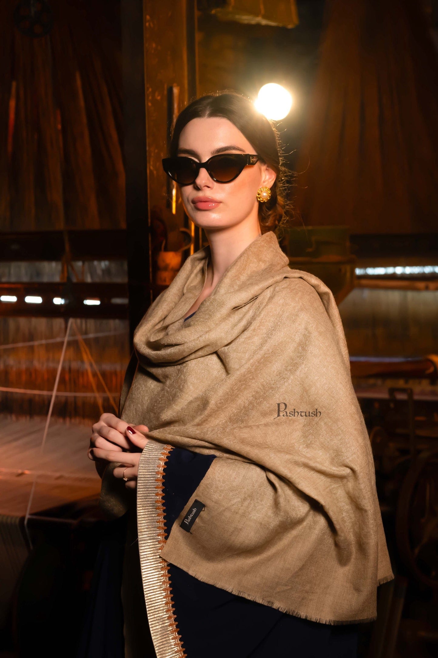 Pashtush India Womens Stoles and Scarves Scarf Pashtush Womens Extra Fine Wool Stole, Design, Taupe