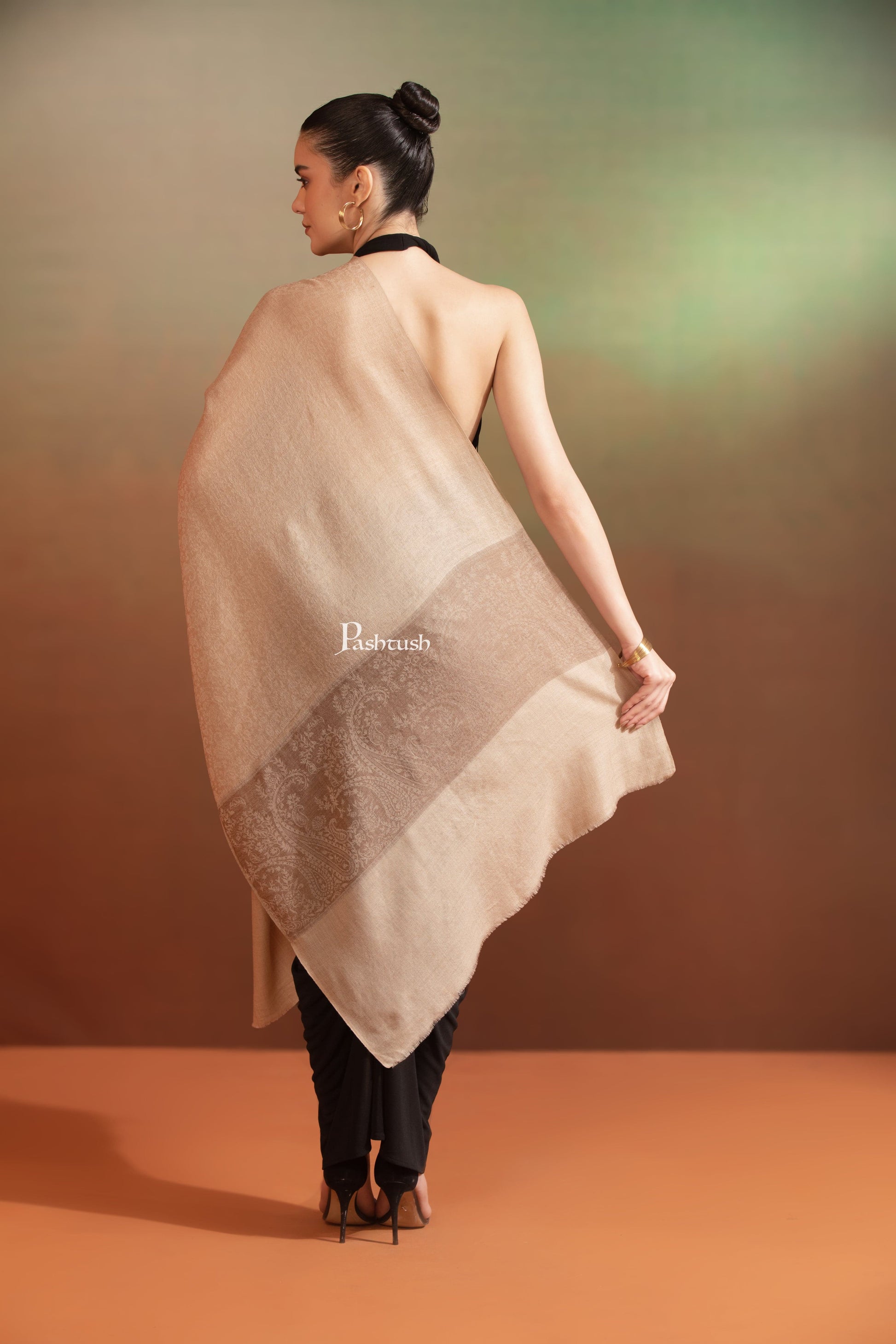 Pashtush India Womens Stoles and Scarves Scarf Pashtush Womens Extra Fine Wool Stole,  Design, Taupe