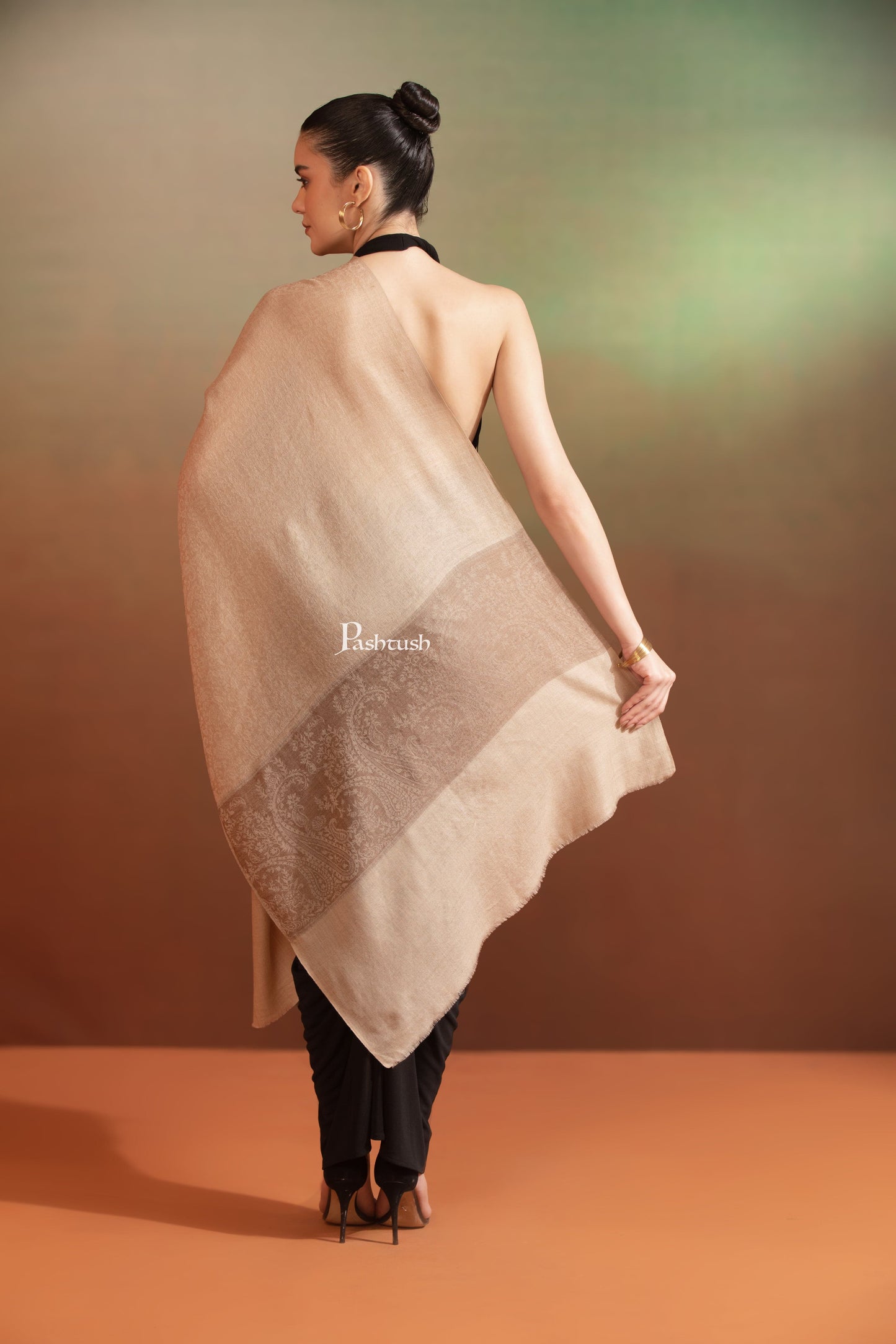 Pashtush India Womens Stoles and Scarves Scarf Pashtush Womens Extra Fine Wool Stole, Design, Taupe
