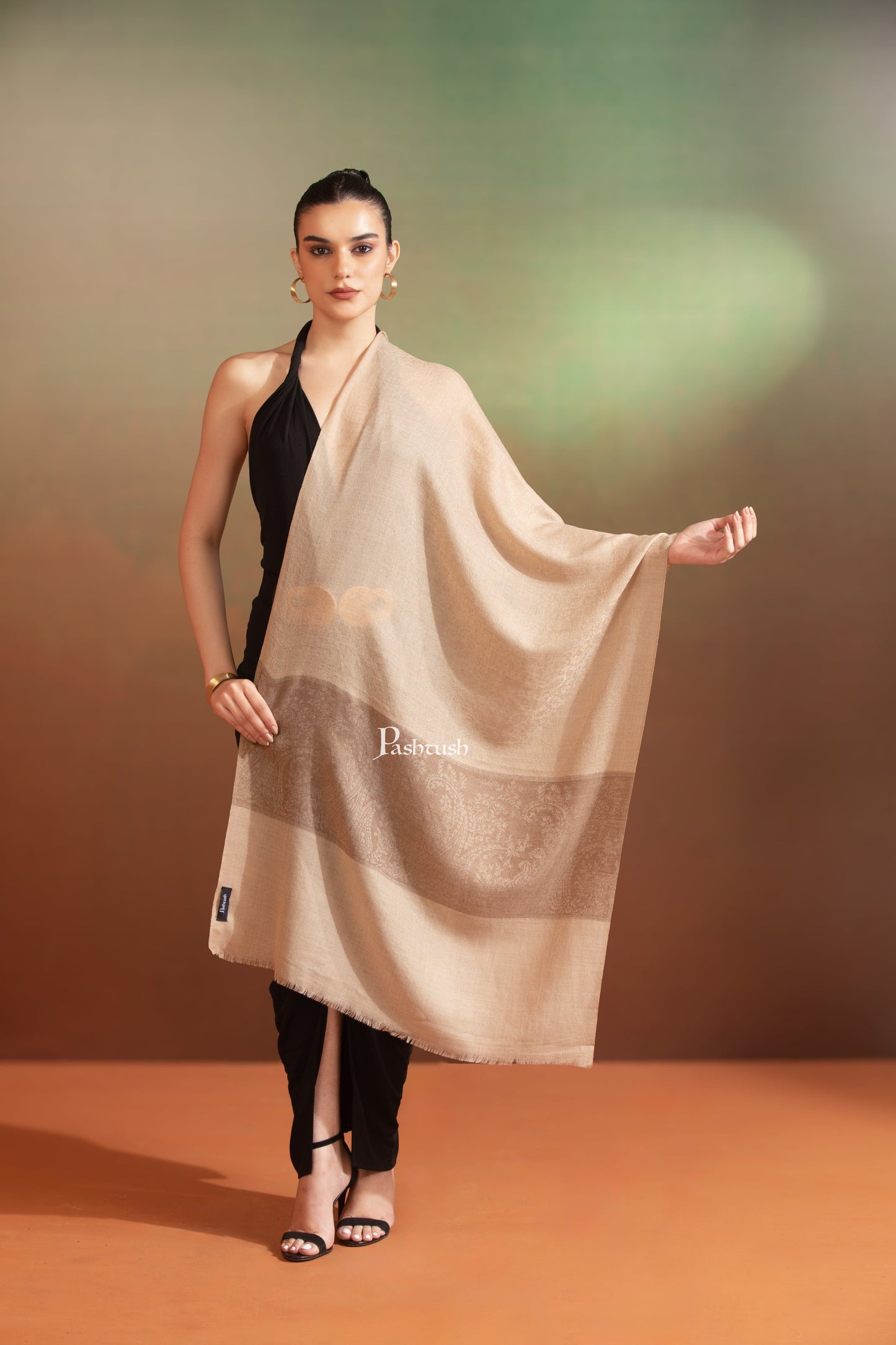 Pashtush India Womens Stoles and Scarves Scarf Pashtush Womens Extra Fine Wool Stole,  Design, Taupe