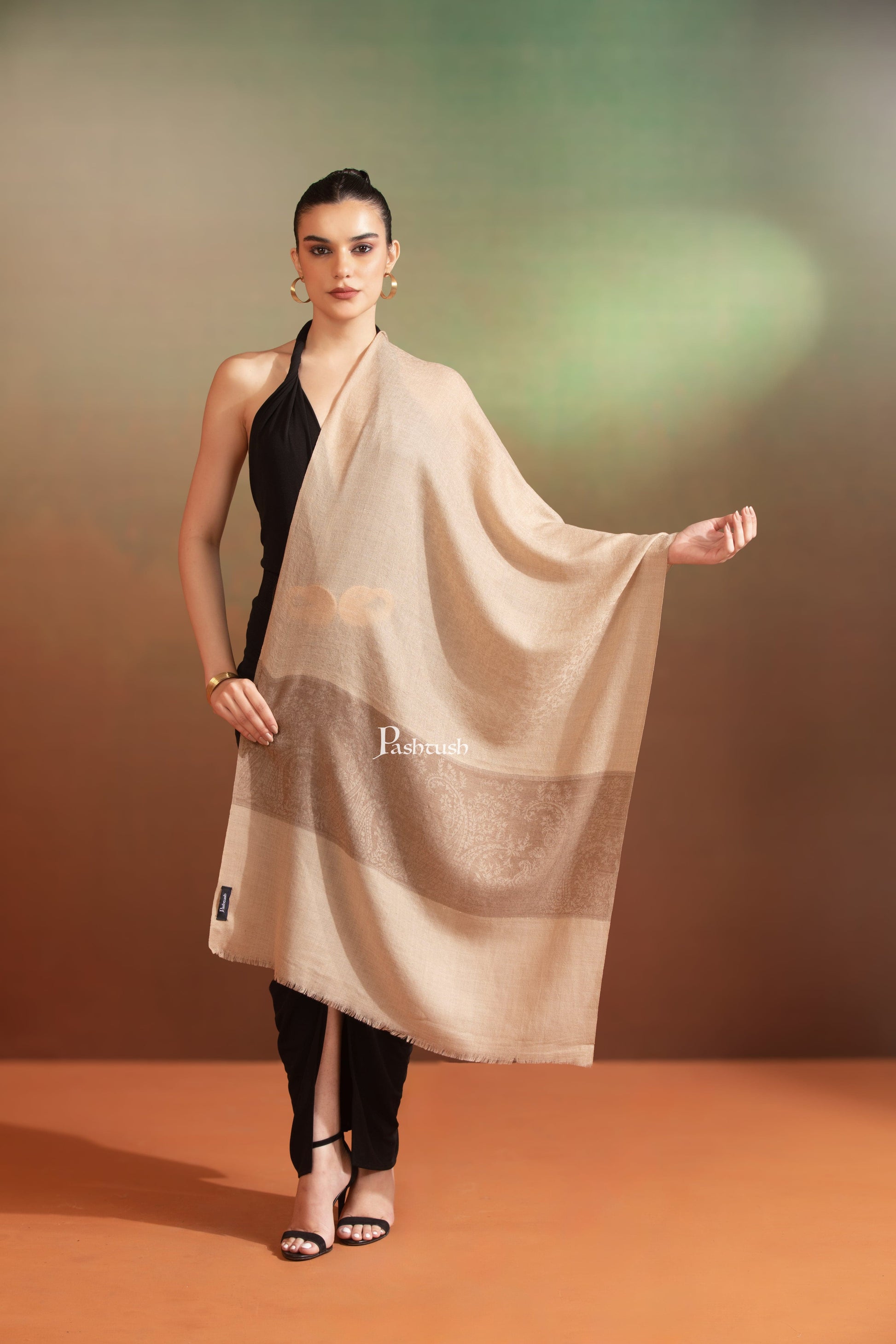 Pashtush India Womens Stoles and Scarves Scarf Pashtush Womens Extra Fine Wool Stole,  Design, Taupe