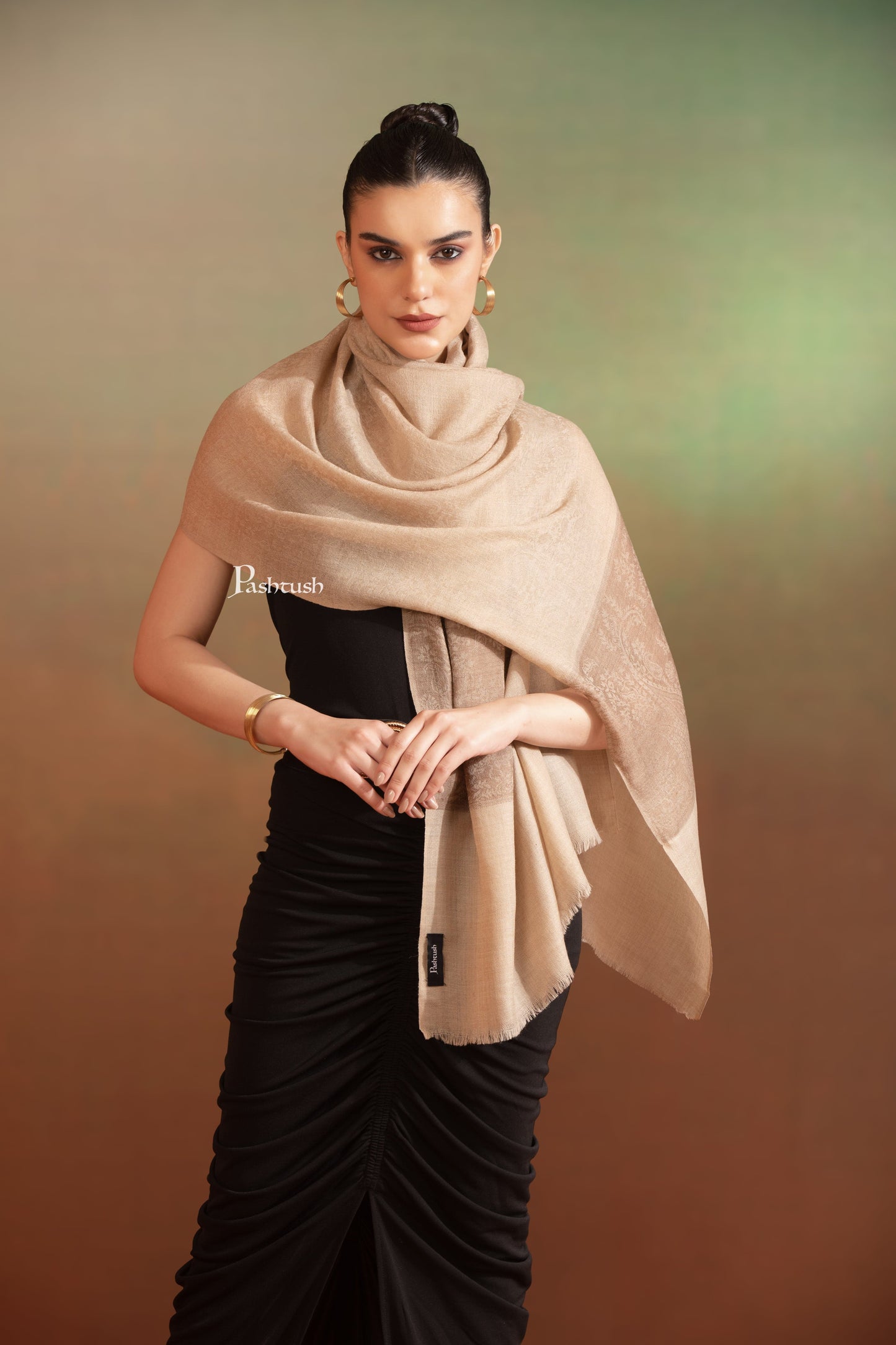 Pashtush India Womens Stoles and Scarves Scarf Pashtush Womens Extra Fine Wool Stole,  Design, Taupe