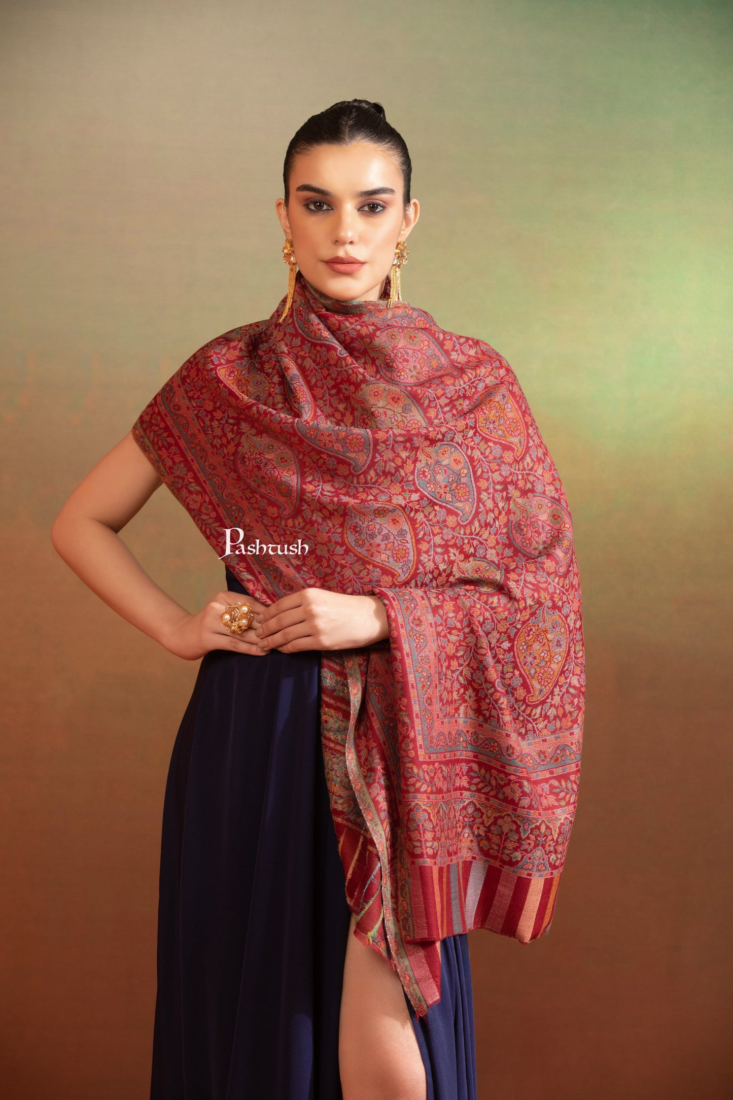 Pashtush India Womens Stole Pashtush Womens Extra Fine Wool Stole, Ethnic Weave Design, Crimson