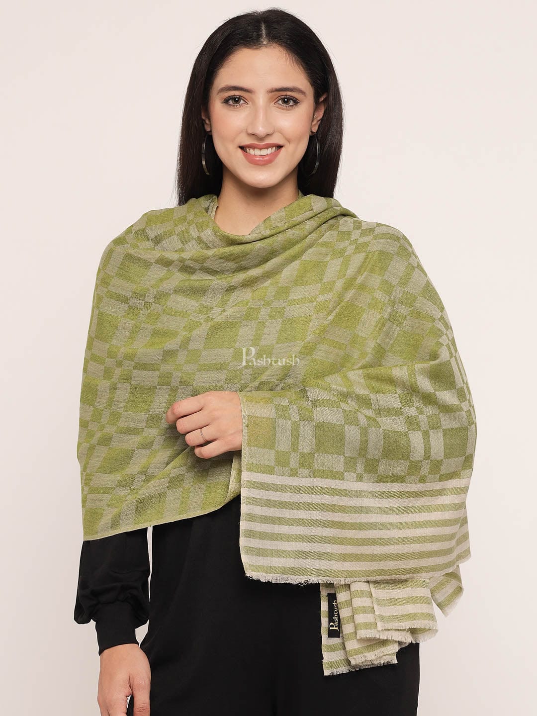 Pashtush India Womens Stoles and Scarves Scarf Pashtush womens Extra Fine Wool Stole, extra fine wool design, Green