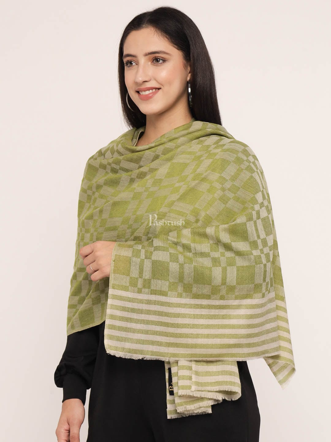 Pashtush India Womens Stoles and Scarves Scarf Pashtush womens Extra Fine Wool Stole, extra fine wool design, Green