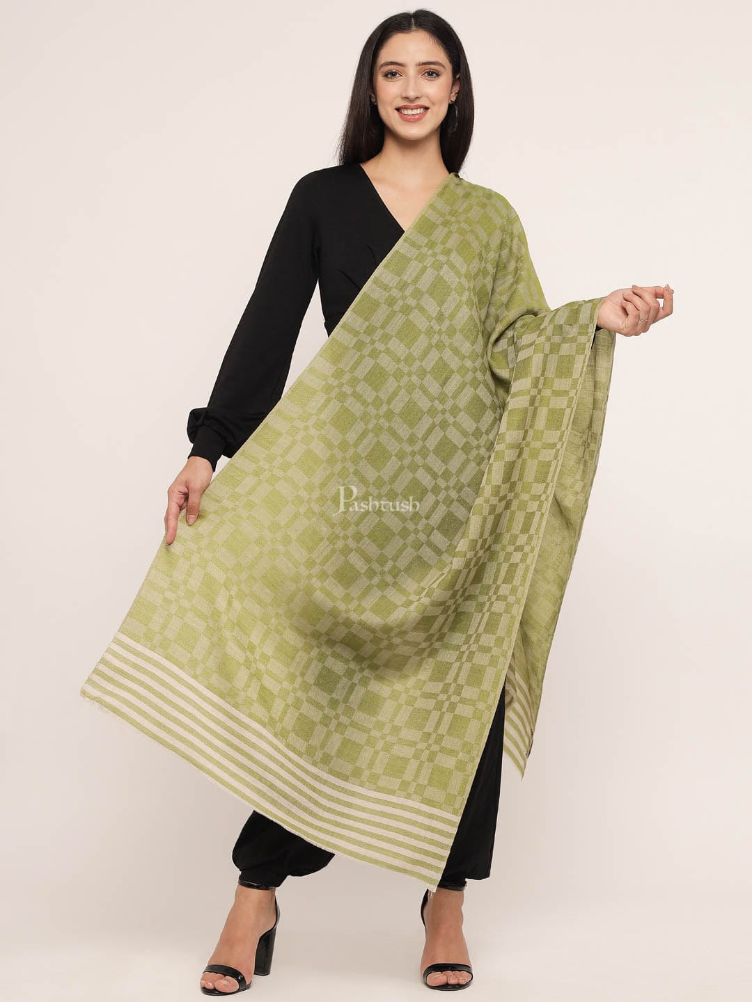 Pashtush India Womens Stoles and Scarves Scarf Pashtush womens Extra Fine Wool Stole, extra fine wool design, Green