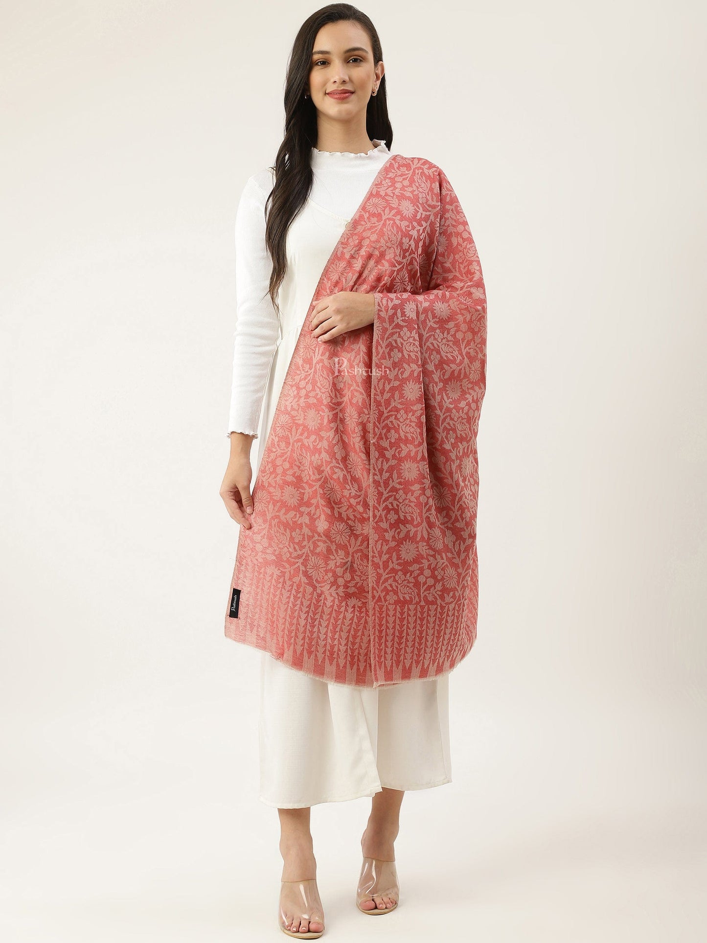 Pashtush India Womens Stoles and Scarves Scarf Pashtush womens Extra Fine Wool Stole, floral design, Rose