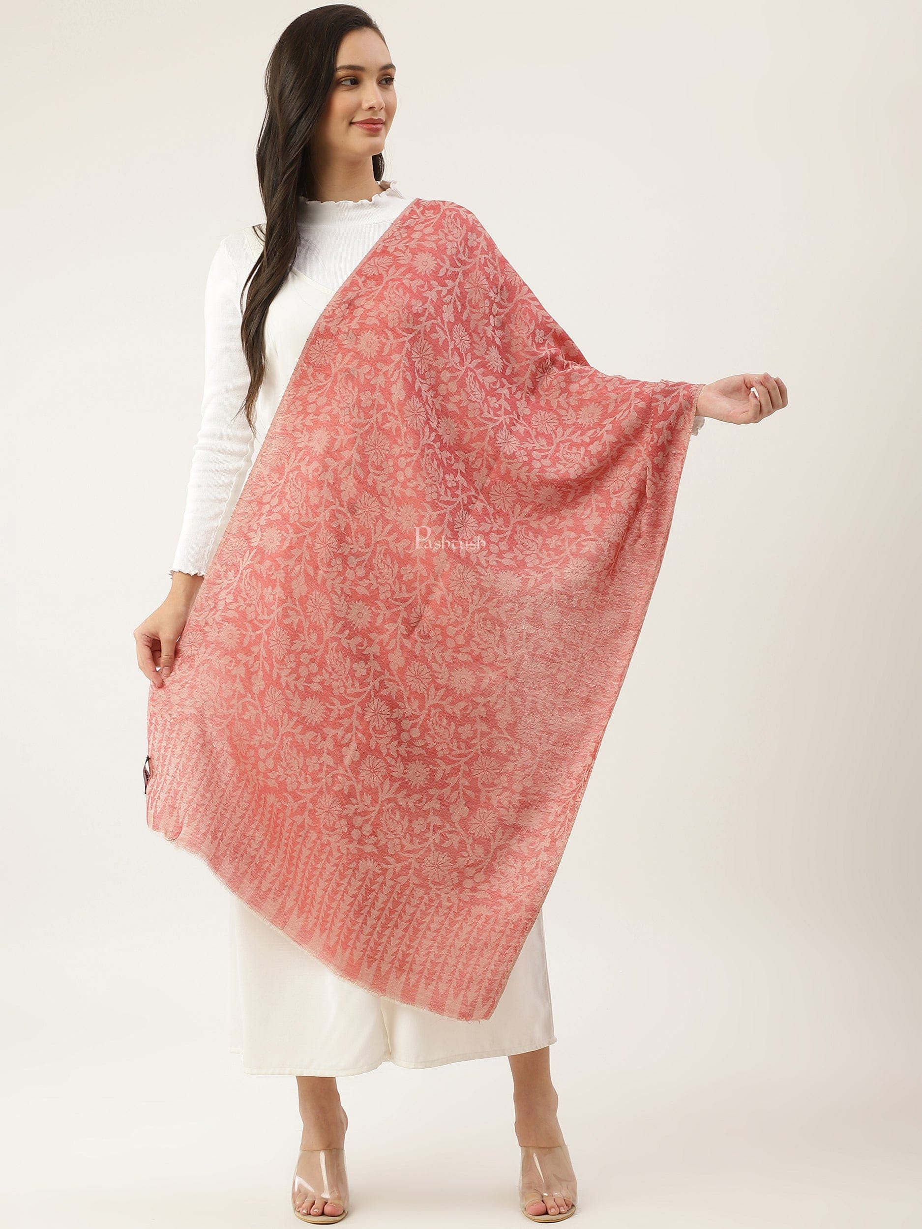 Pashtush India Womens Stoles and Scarves Scarf Pashtush womens Extra Fine Wool Stole, floral design, Rose